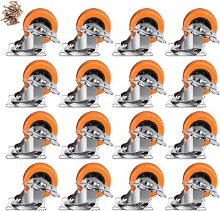 1.5 Inch Casters, ASHGOOB Caster Wheels with Side Brake, Locking Casters Set of 16, Industrial/Furniture Swivel Plate Caster Wheels for Workbench and Carts, Orange Polyurethane (PU) Castors (16 Pack)