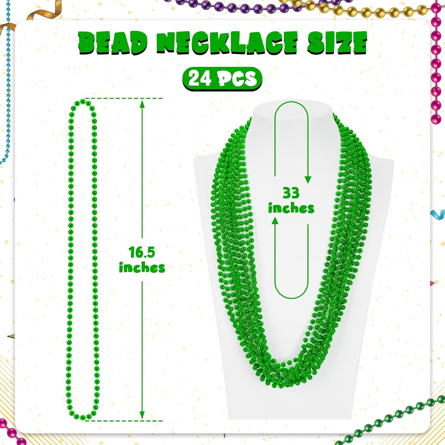 24 PCS St Patricks Day Necklace, Green Mardi Gras Beads Bulk, 33" Round Beads St Patricks Day Accessories, Parade Throws for Carnival Decorations Party Favors St. Patricks Decor - Image 2