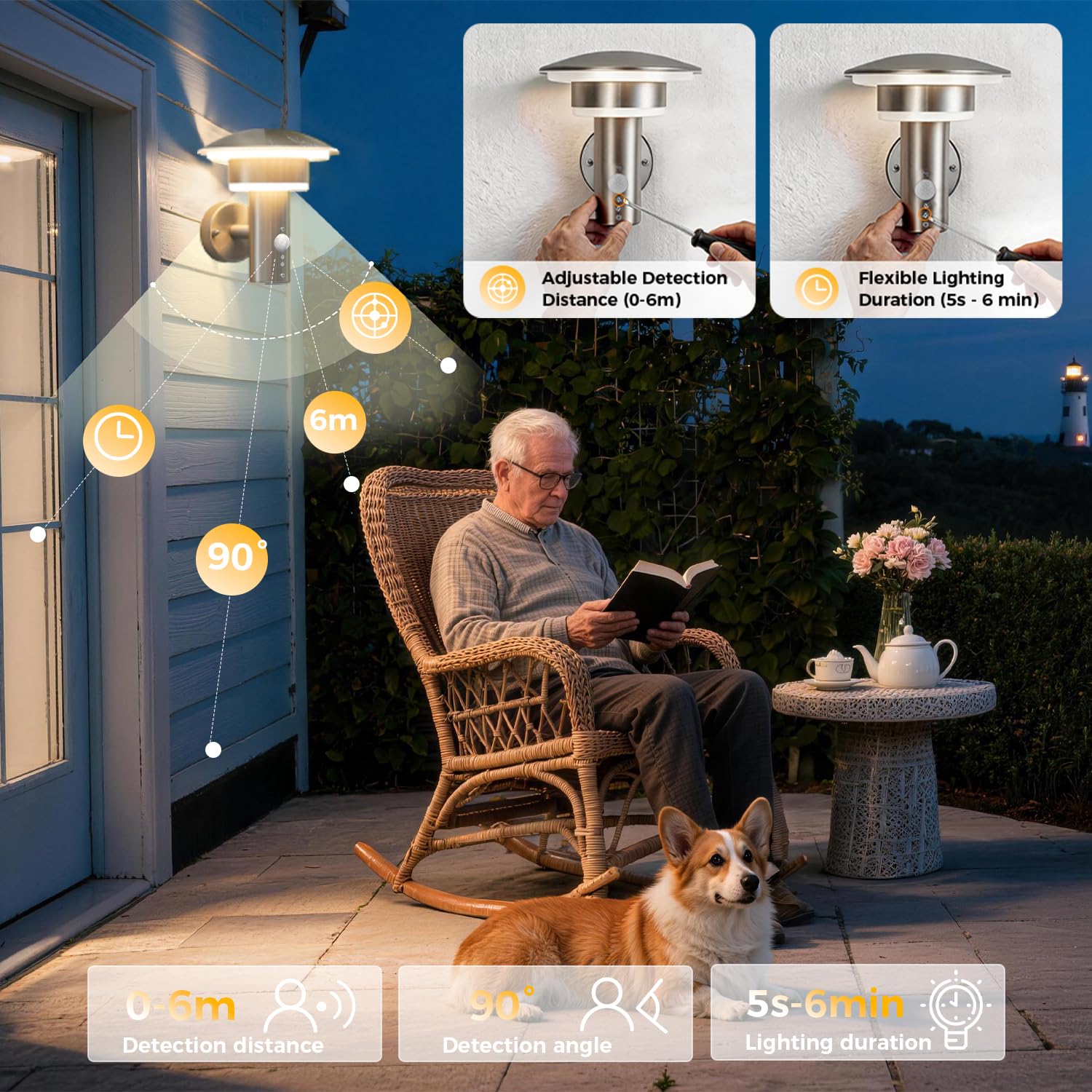 NBNHANYUAN Applique Murale Extérieure avec Détecteur de Mouvement, Lampe Murale Extérieure en Acier Inox SUS304, Capteur PIR Réglable, Étanche IP44, Éclairage Extérieure pour Entrée, Jardin, 9W