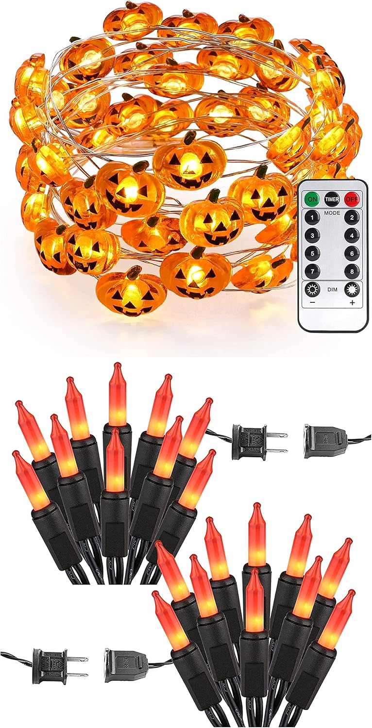 Brizled 40 LED Pumpkin Halloween String Lights with Remote + 69.6ft 300