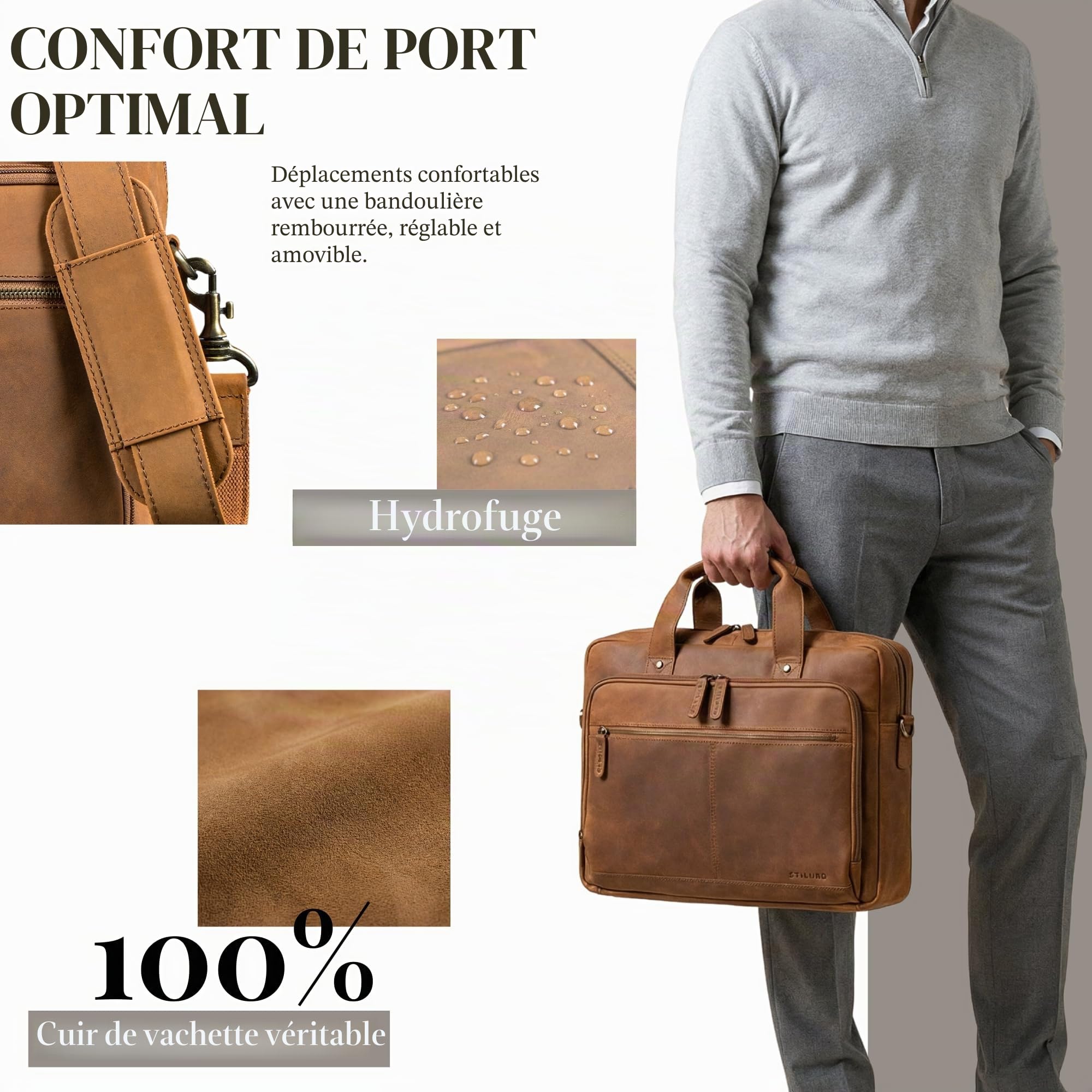 STILORD "Ronan Serviette Cuir Homme Grande Sacoche Ordinateur 16 Pouces Travail Besace Business - Cartable Enseignant A4 Porte Document avec Bandoulière Amovible Couleur:noir
