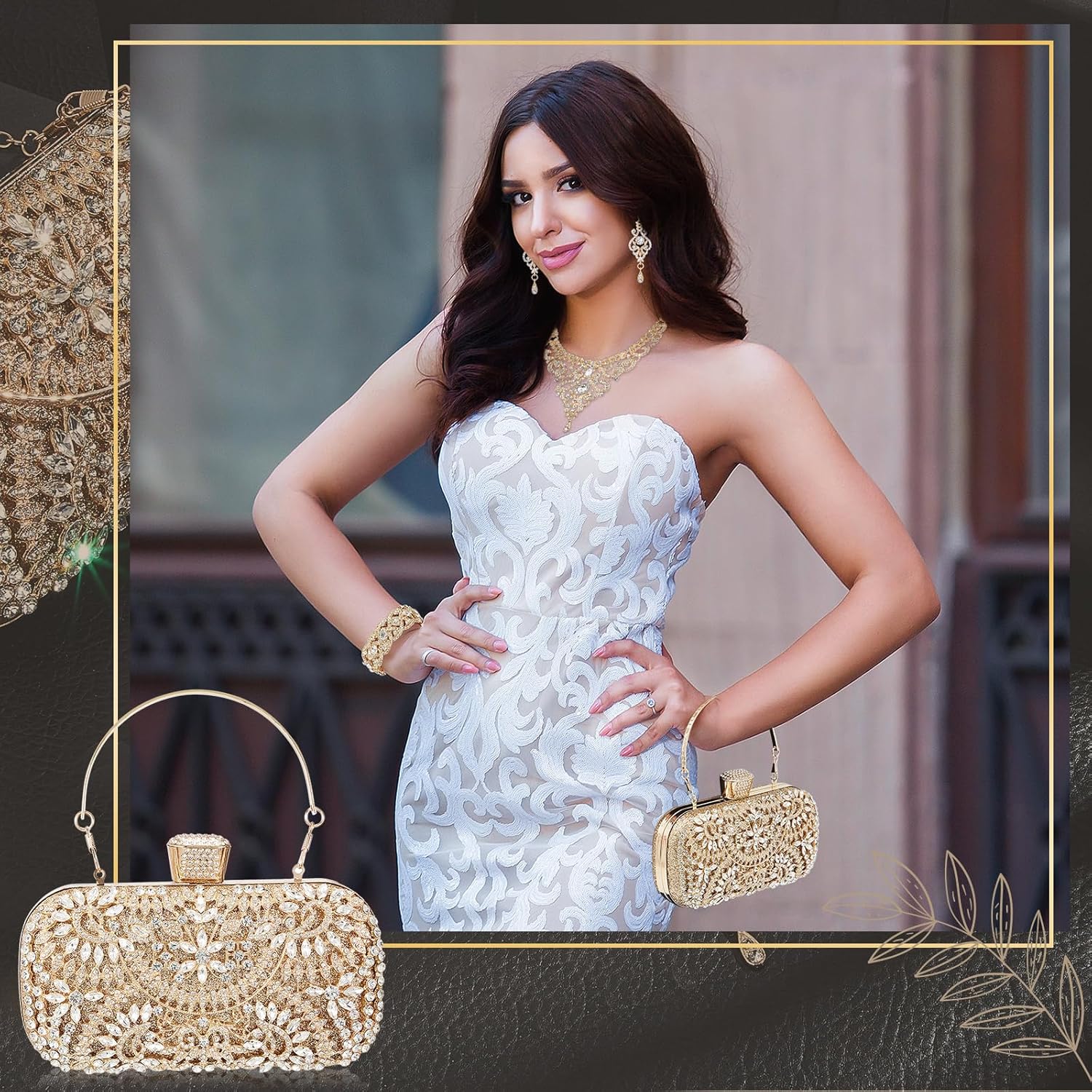 Quelay 4 Pcs Purse Rhinestone Jewelry Set Evening Clutch Bag Bling Crystal Necklace Dangle Earrings Bracelets Accessories