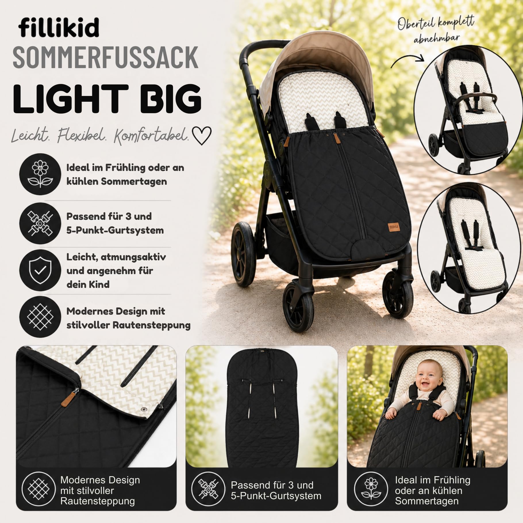 Fillikid Sommerfußsack Light Big Exklusiv 100x50cm Universal Kinderfußsack waschbar atmungsaktiv abnehmbar