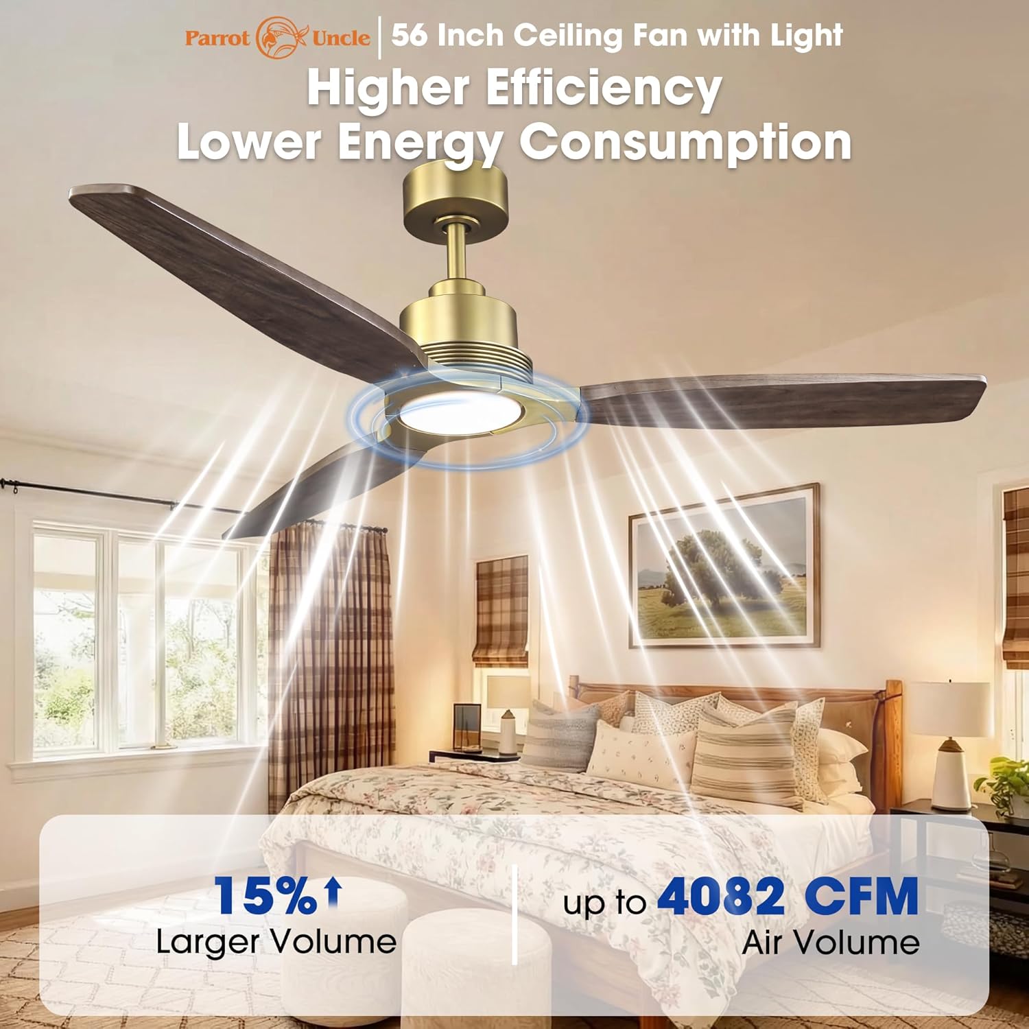 Ceiling Fans with Lights and Remote, 56" Farmhouse Gold DC Motor Ceiling Fan for Bedroom Living Room, 6-Speed Reversible Airflow, Dimmable, Outdoor Ceiling Fans for Patios, Ventilador de Techo