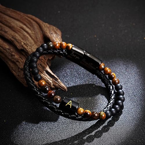 Miniatura 6 de Pulsera con inicial para hombres, regalos para el día del padre, cuentas de cuero, pulsera con inicial, pulseras de piedra natural, regalos para él,