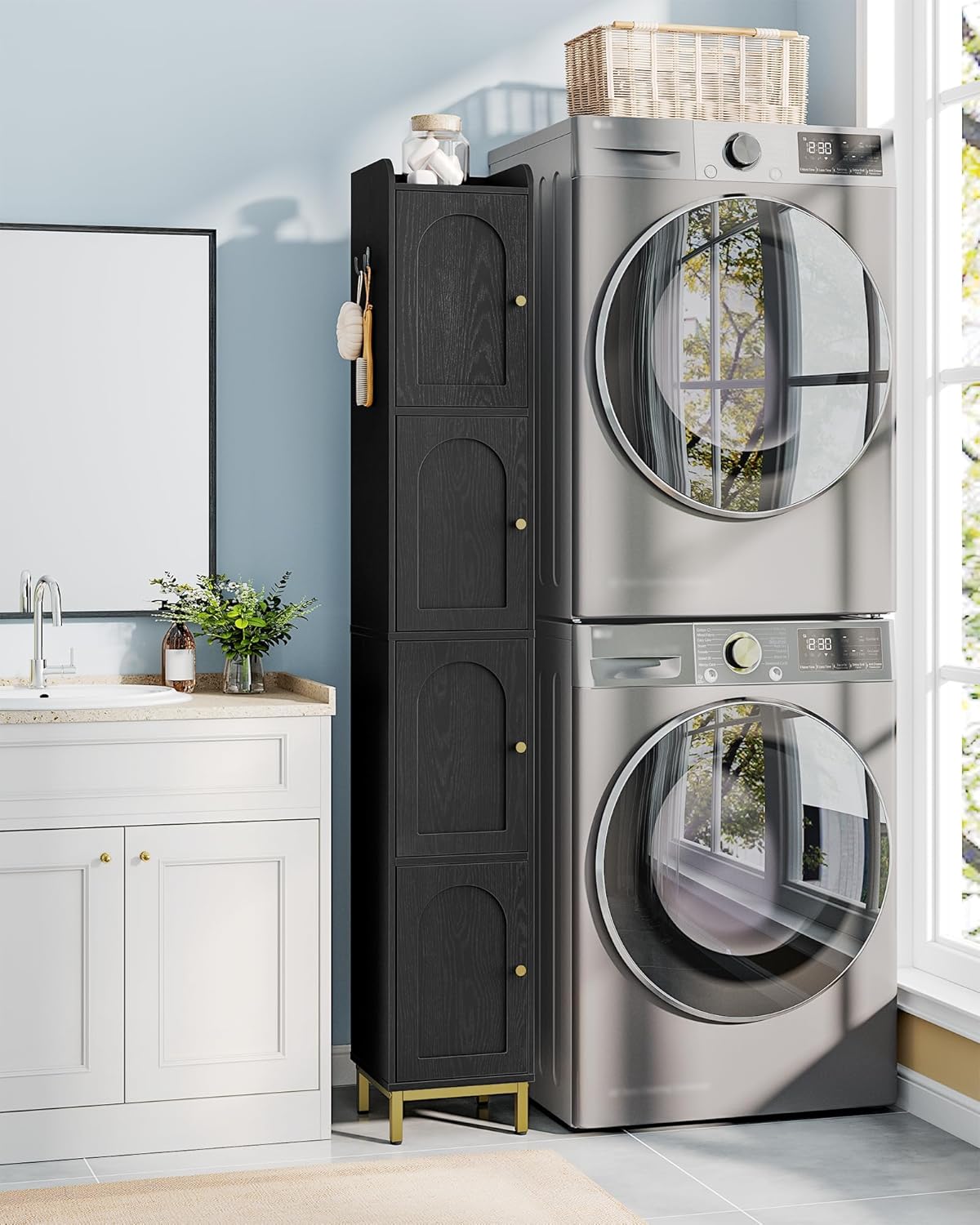 4-Tier Narrow Tall Storage Cabinet, Slim Bathroom Storage Cabinet with 4 Adjustable Feet and Shelves, Bathroom Organization for Small Space, Kitchen, Living Room, Laundry Room Black BC43304G