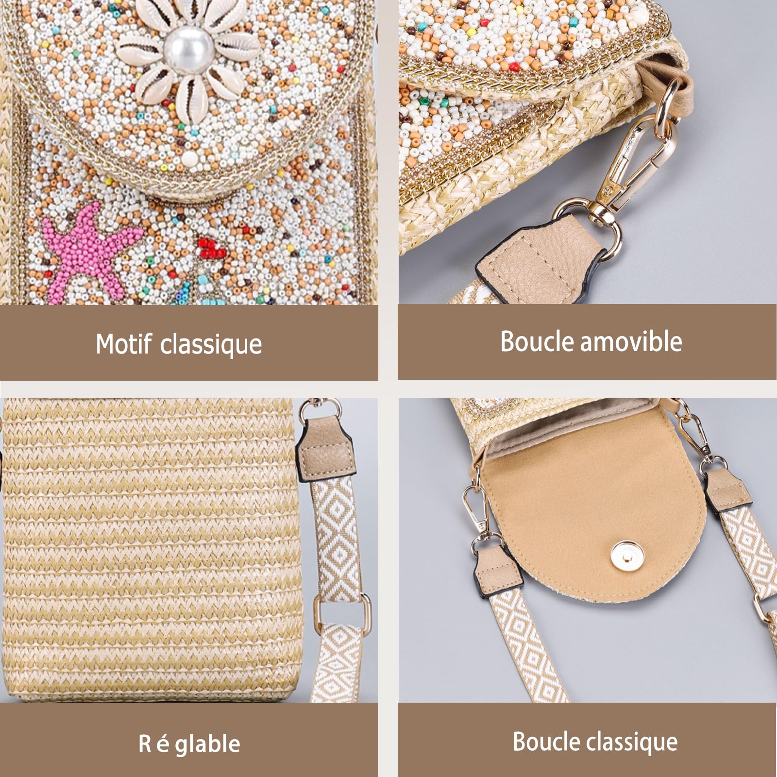 CORIOS Sac Tissé en Paille Femme Sac Fourre-Tout Tressés à la Main Sacs Portés Épaule Bohème Sac de Plage D'été Petite Sac à Bandoulière Cabas Rétro Sac à Main Sac pour Téléphone Portable