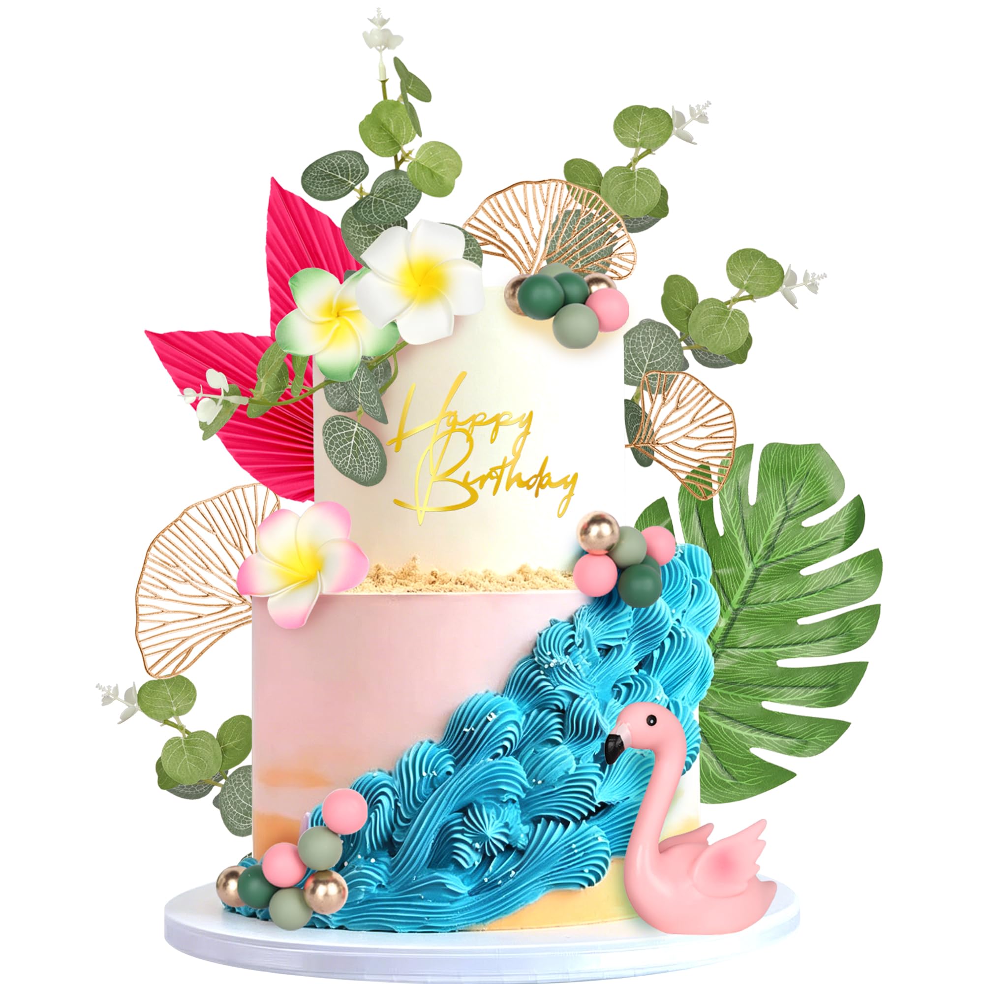 31 Pack Flamingo Cake Decorations Acrylic Happy Birthday Cake Picks Paper Palm Fan Balls Cake Decorations for Summer Hawaiian Tropical Luau Aloha Theme Baby Shower Party Supplies