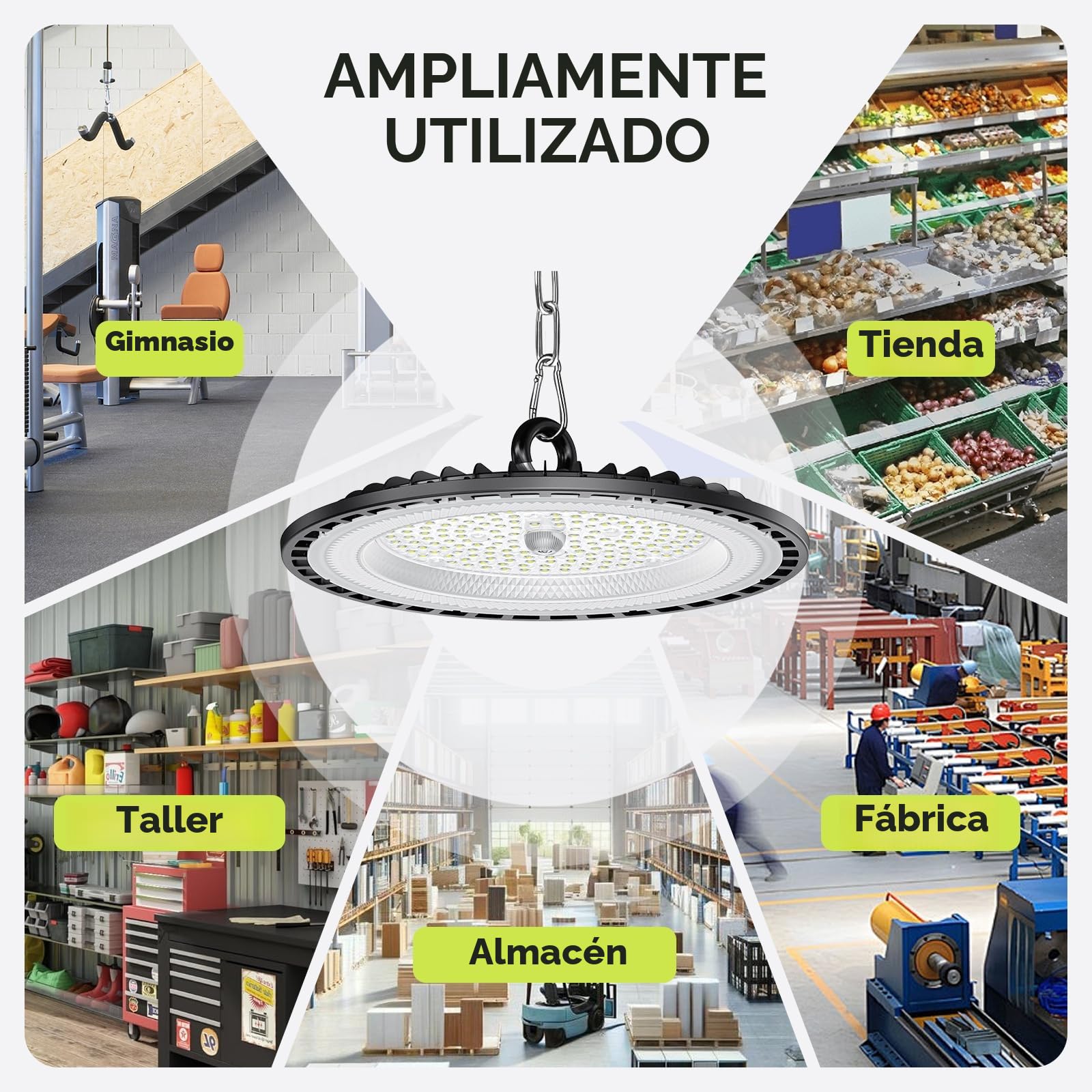 4 Pack 100W UFO LED Lámpara de Alta Bahía, 15000LM Focos Led Interior Techo, 6000K Blanco Frío Iluminación de Almacén, IP65 Impermeable Lampara Industrial Para Patio, Garaje, Fábrica, Taller