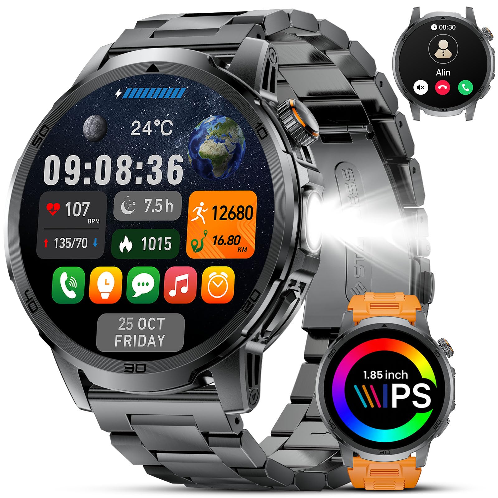 Smartwatch Herren 1,85" HD Großes Display Bluetooth 5.2 Anrufe 1000mAh Akku | 100+ Sportmodi, Puls & SpO2 Monitor, Schlafmonitor, LED Taschenlampe mit SOS, IP68 Wasserdicht, 2 Armbänder, iOS/Android