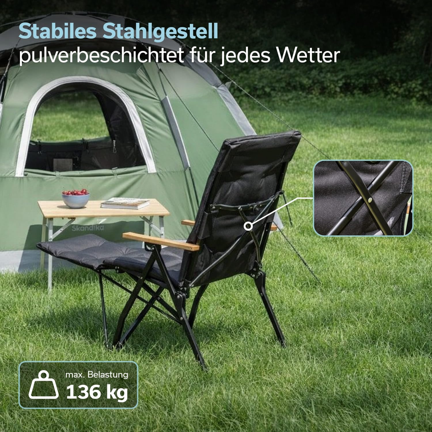 Skandika Campingstuhl Nojata Plus | Hochlehner faltbar, mit Fußablage & Kissen, 3-Fach verstellbare Rückenlehne, 120 kg belastbar | Stuhl klappbar, Klappstuhl für Camping, Garten, Festival, Balkon