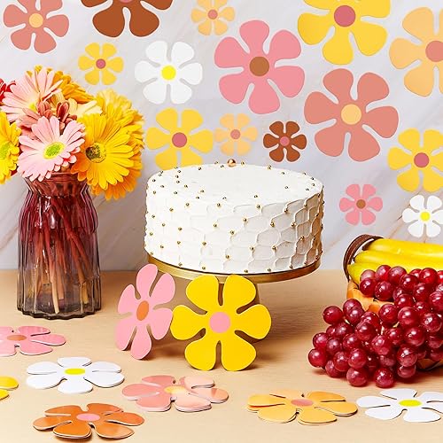 Miniatura 7 de Henoyso 60 piezas de decoraciones de fiesta geniales de los años 70, recortes de flores retro de los años 70, decoración de margaritas, recortes de