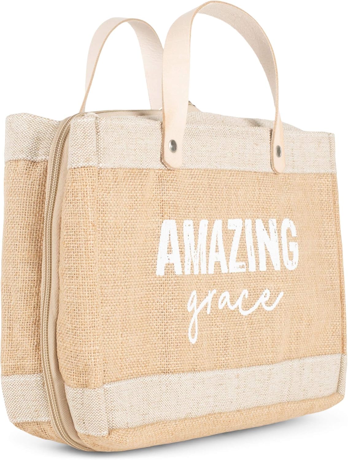 Faithworks Bible Covers for Women - Mini Market Tote Style Jute Cover with Zippered Closure Leather Handles