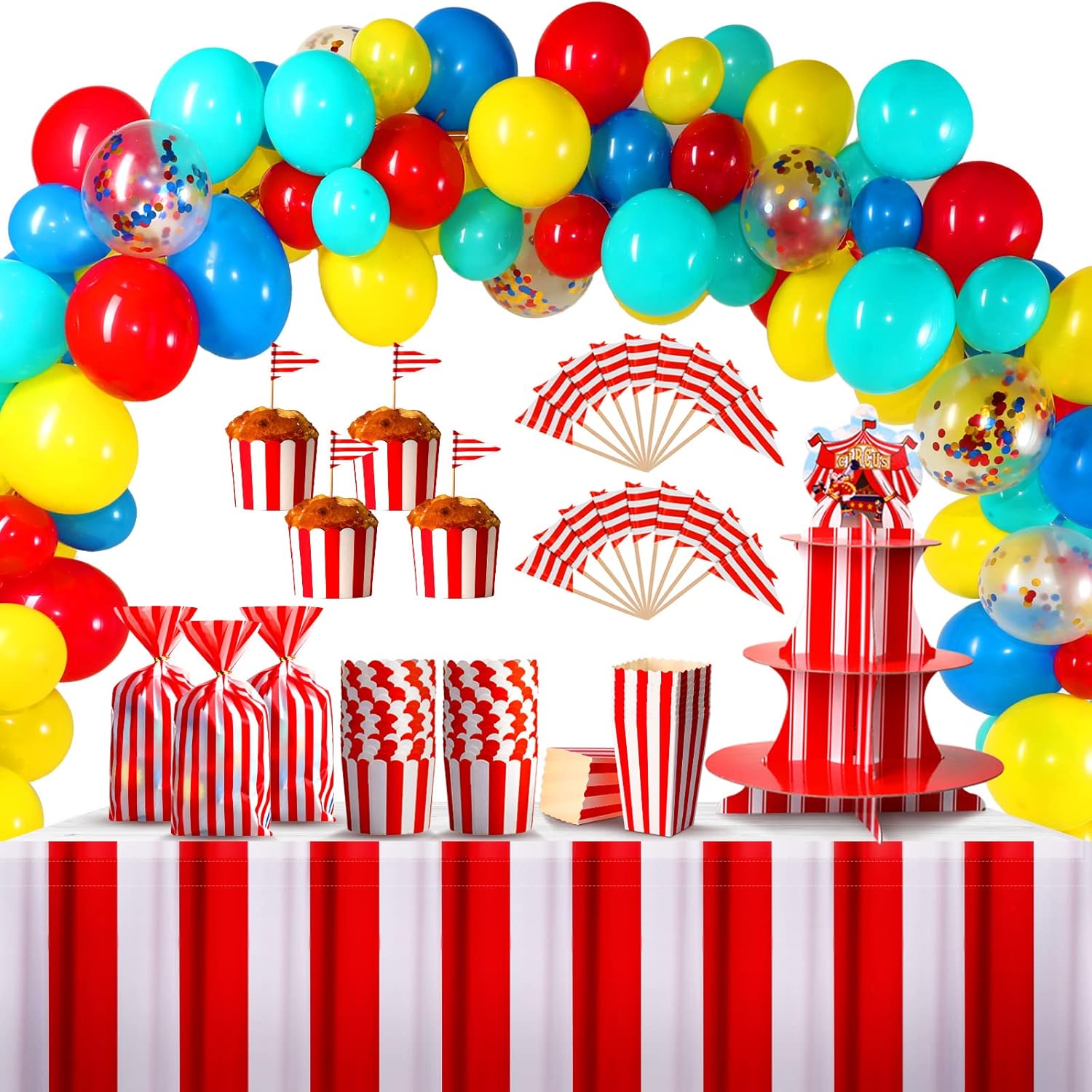 Zhanmai 432 Pcs Carnival Party Decorations Circus Theme Birthday Party Including Circus Balloon Garland Arch Kit Table Skirts 3 Tier Cupcake Stand Cupcake Wrapper Popcorn Boxes for Carnival Supplies