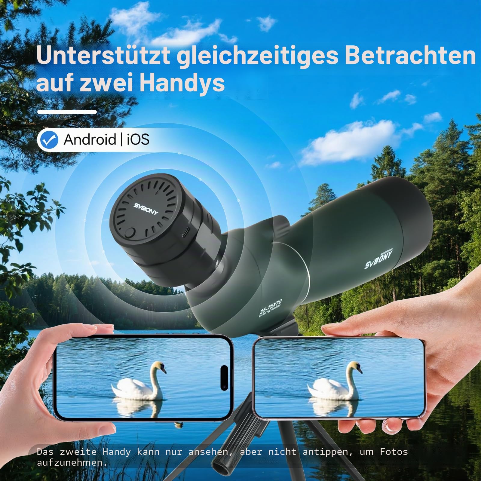 Svbony SV28 25-75x70 Spektiv mit SC002 WiFi Spektiv Kamera, Stativ, HD BAK4 Prisma FMC Handy Adapter Wasserdicht Tragetasche, Spektive für Sportschützen Vogelbeobachtung Natur-Fotografie