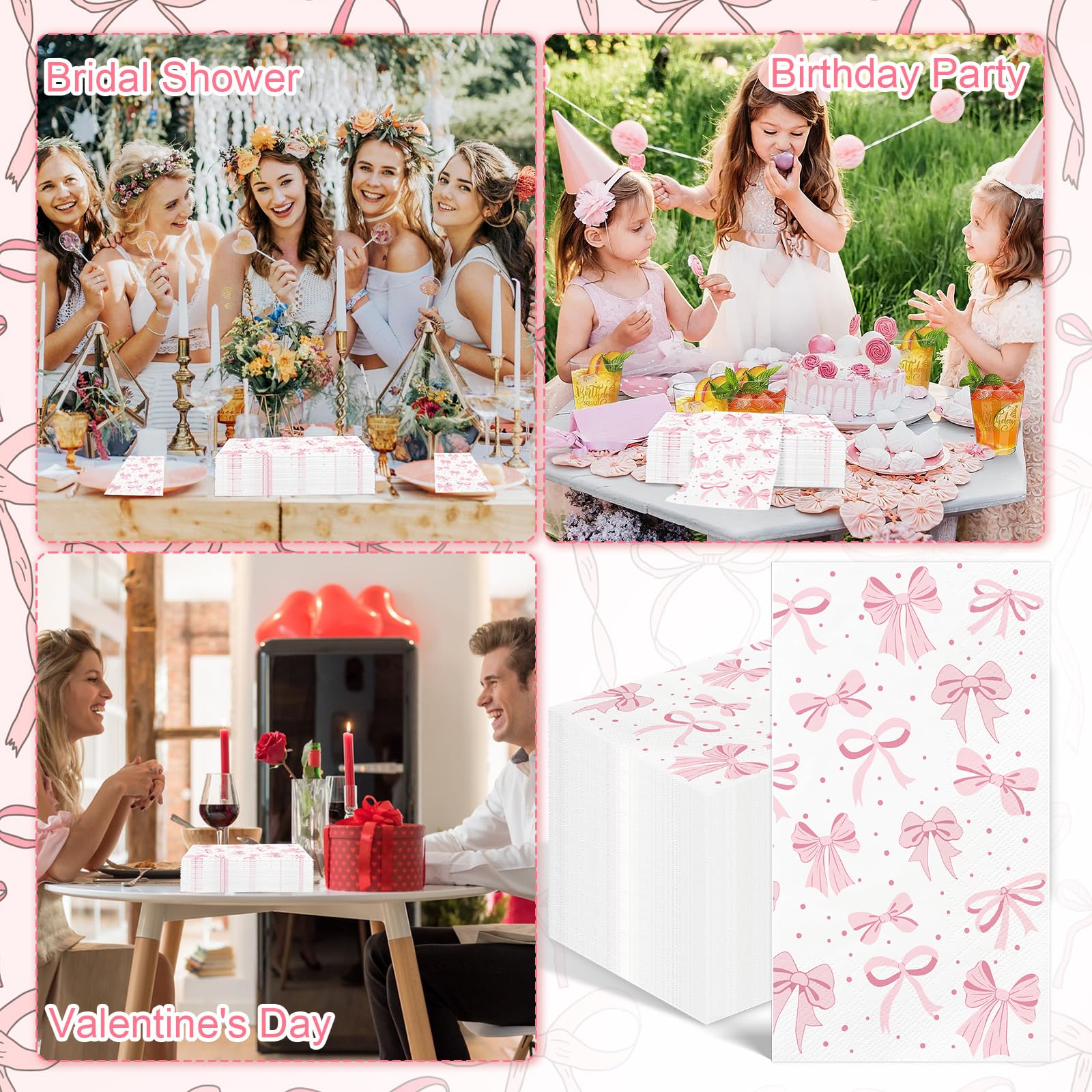 100 servilletas de lazo rosa, toallas de mano desechables para baño, servilletas de papel decorativas de 3 capas, servilletas de papel con lazo rosa, servilletas de invitados para cumpleaños