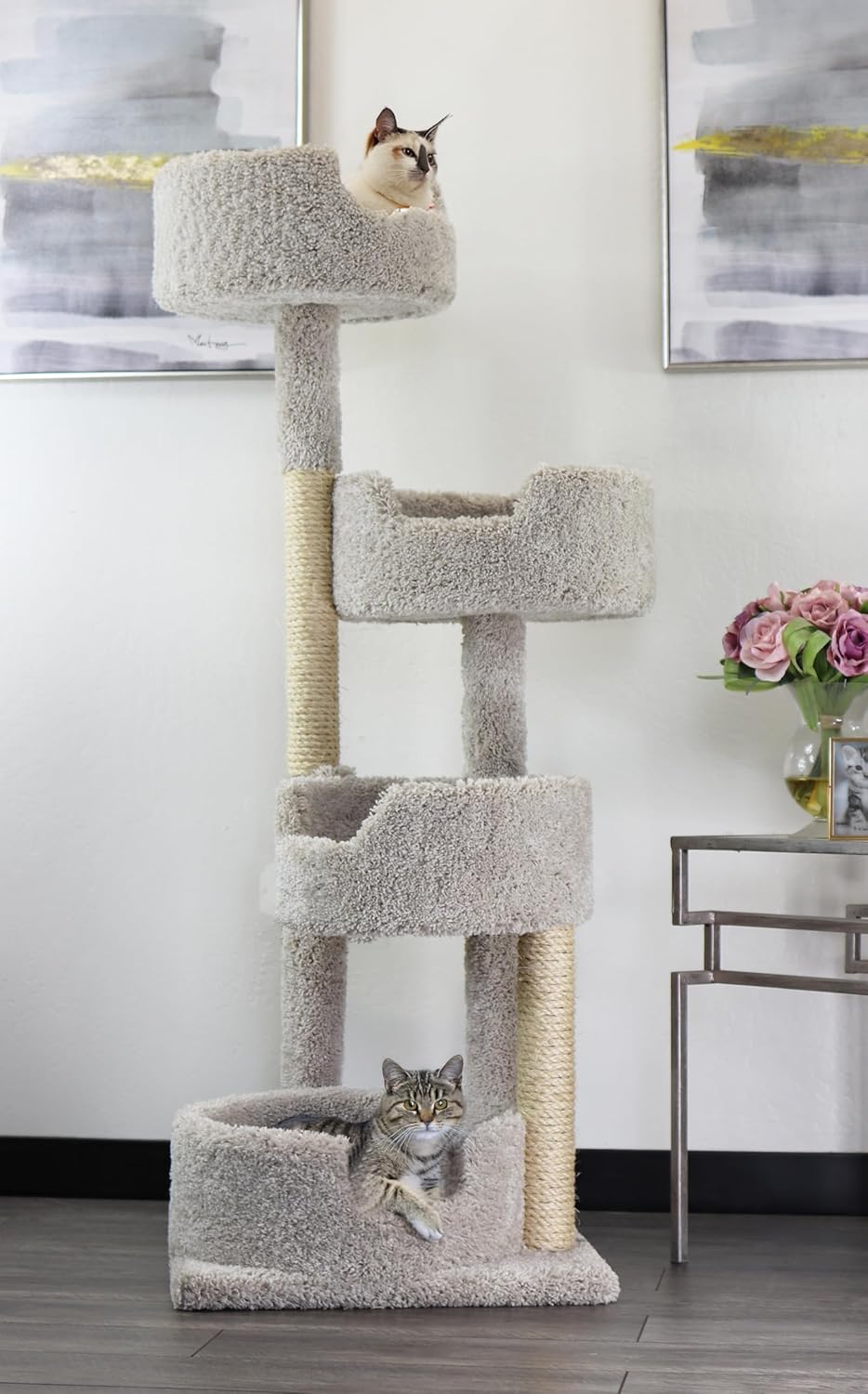 New Cat Condos Multi-Level Cat Tower - 4 Spacious Perches, Sturdy Wood Base, USA Handcrafted for Large & Multi-Cat Homes