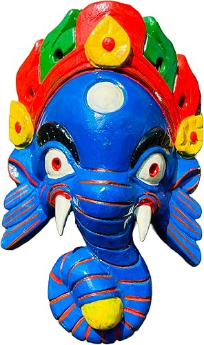 Miniatura 4 de QT S Ganesh - Máscara de madera antigua hecha a mano para colgar en la pared, 9 pulgadas, máscara de Dios de la suerte hindúéxito, forma de Ganesha