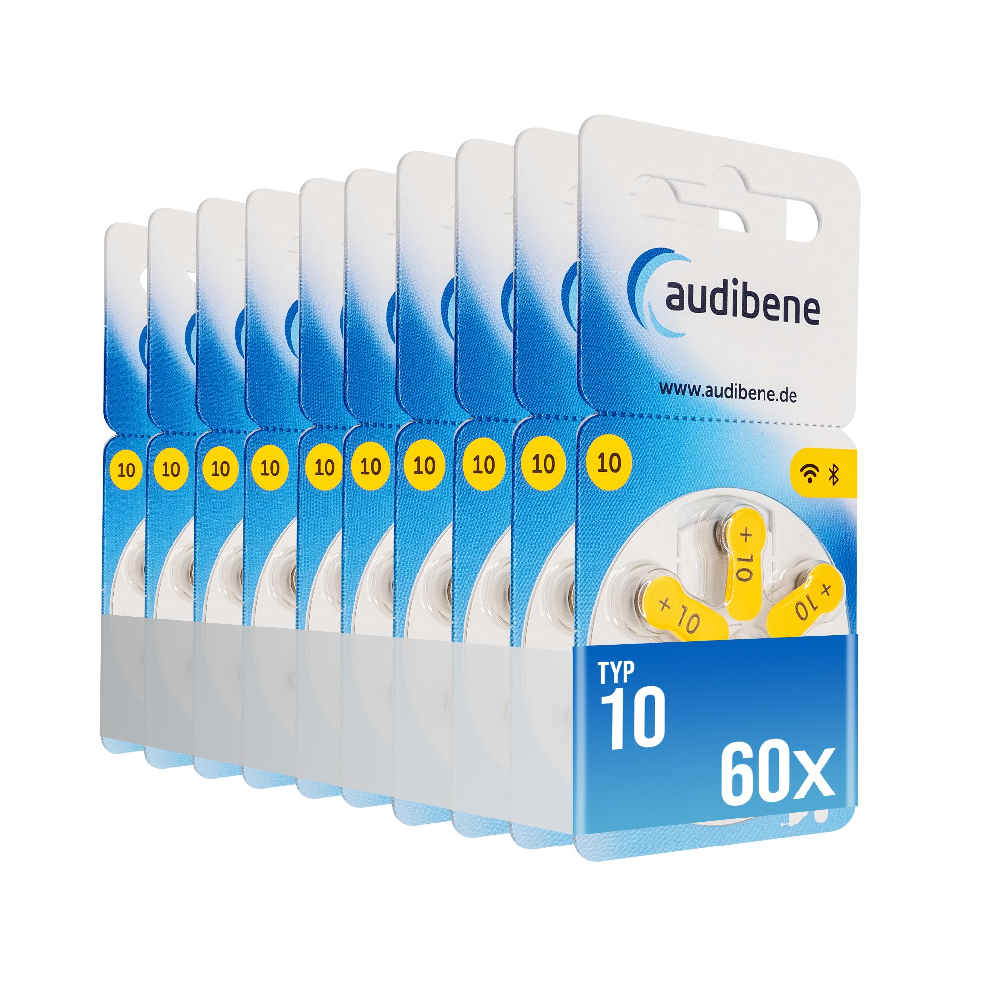 audibene Hörgerätebatterien Typ 10 gelb, Batterien für Hörgeräte 60 Stück Vorratspack, Made in Germany, inkl. GRATIS Reinigungstuch, Wireless Approved, quecksilberfrei
