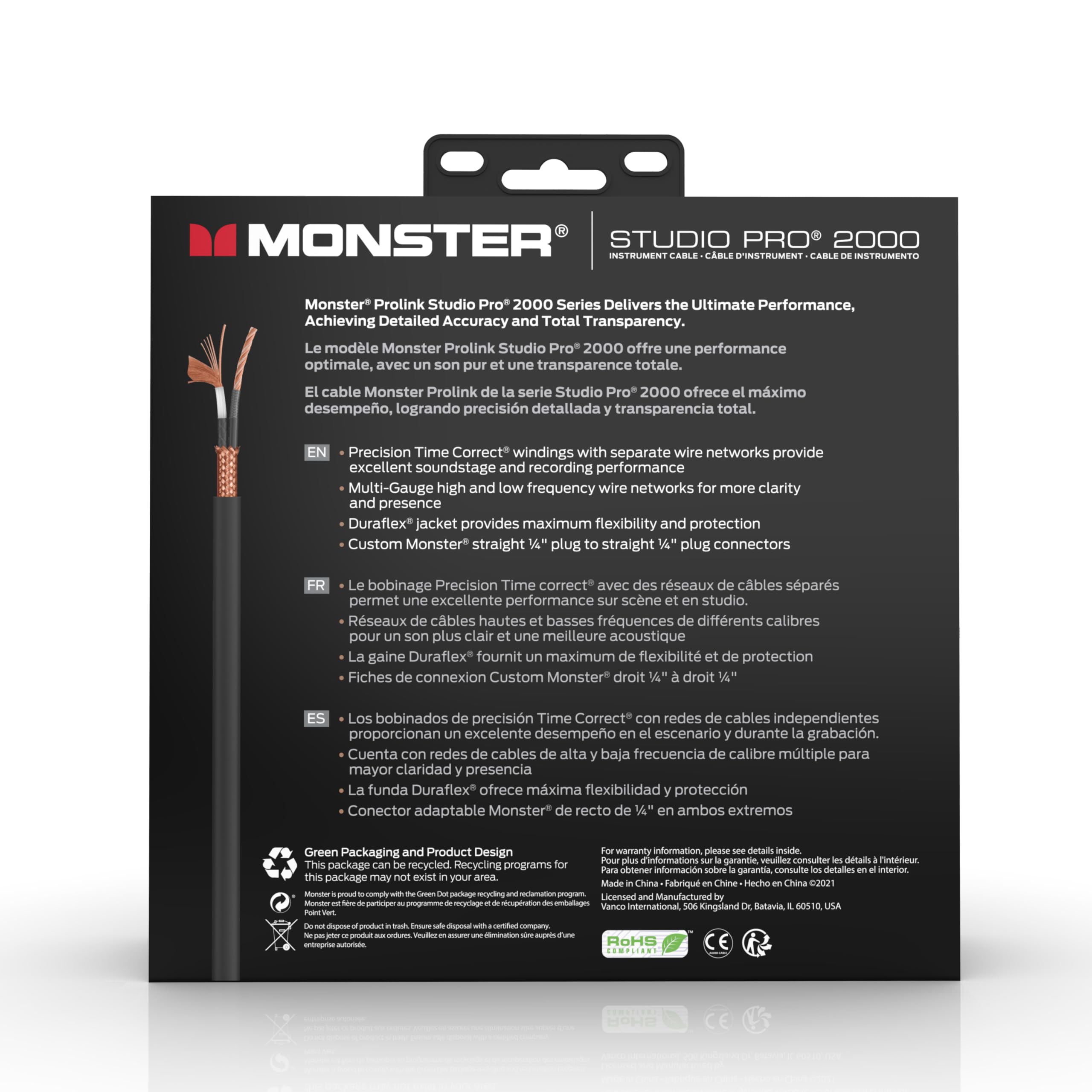 Monster Prolink Studio Pro 2000 - Cavo per strumenti da 3,7 m dritto a dritto, corda per chitarra elettrica intrecciata in rame 95%, rivestimento protettivo Duraflex con contatti in oro 24k