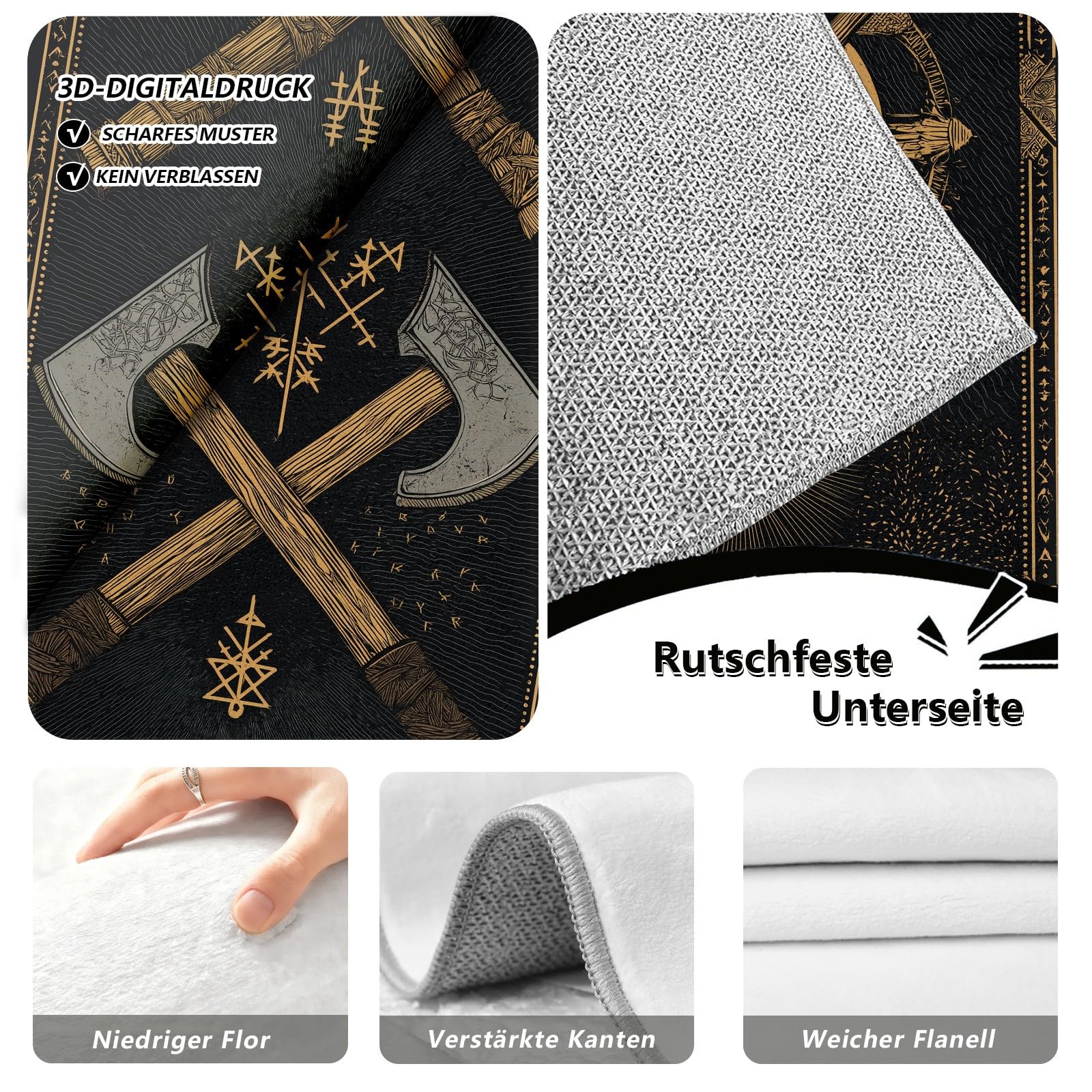 Wikinger Axt Teppich Läufer, Wikinger Totem Rune rutschfest Küchenteppich 60x210 cm, Mid Century Kurzflor Küchenläufer Waschbar, Faltbar, Teppichläufer Carpet für Küche, Wohnzimmer