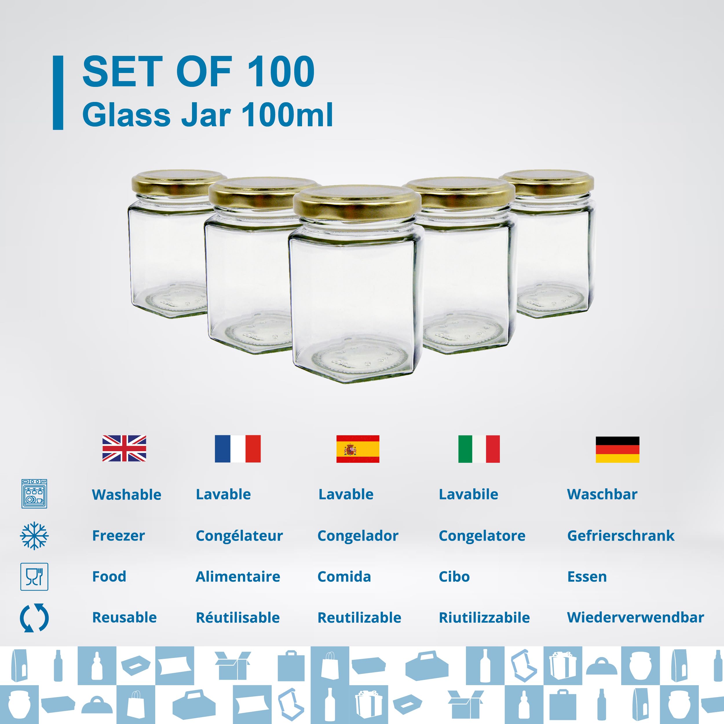 100 tarros de miel hexagonal pequeños con tapa de 100 ml, ideal para la conservación de miel, mermelada, especias, yogur, regalo de invitados, bodas, favores de boda y baby shower