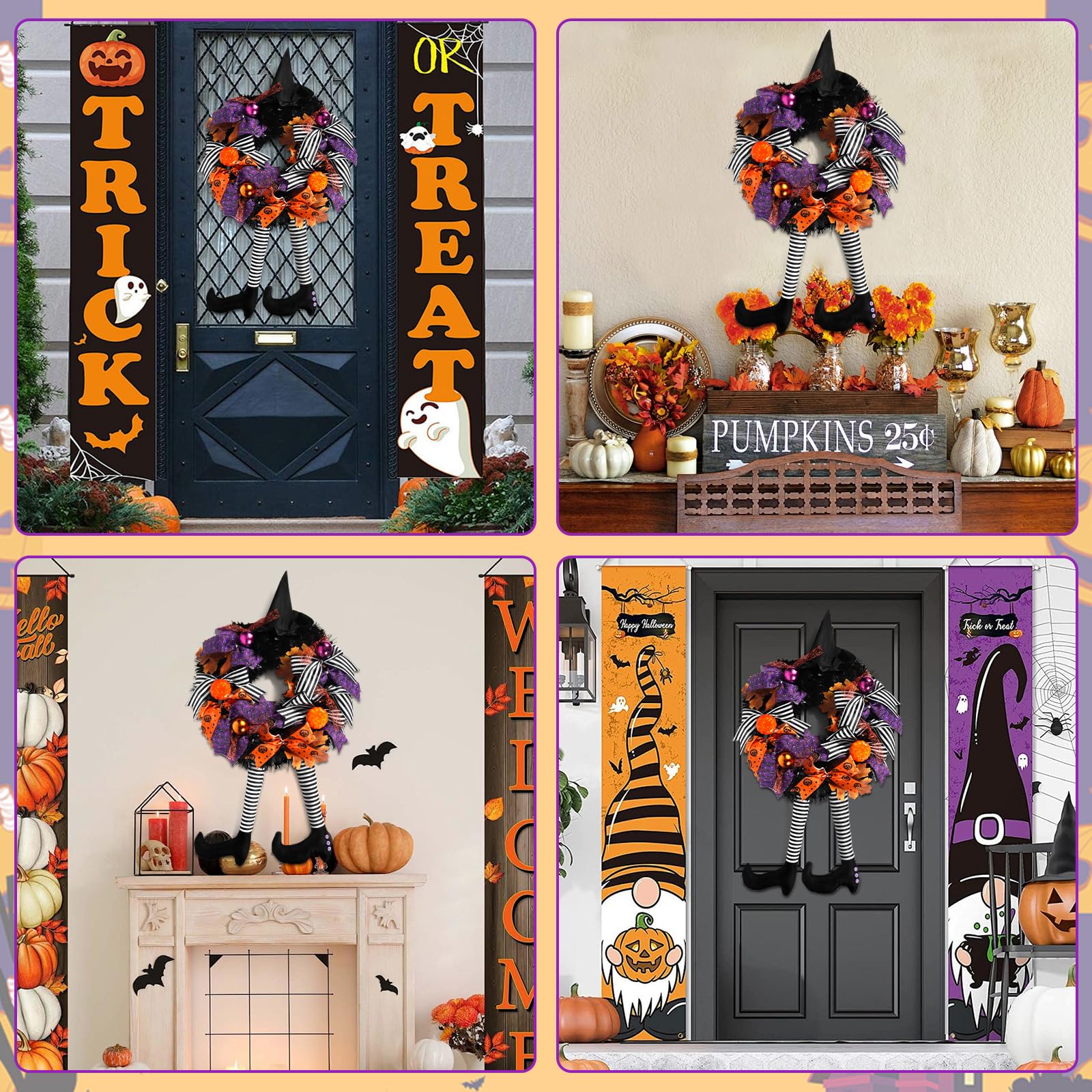 Halloweenowy Wieniec na Drzwi z Nogą Czarownicy, Strasznym Kapeluszem Wiedźmy i Dynią - Dekoracja na Halloween, Podwórko, Werandę, Okna
