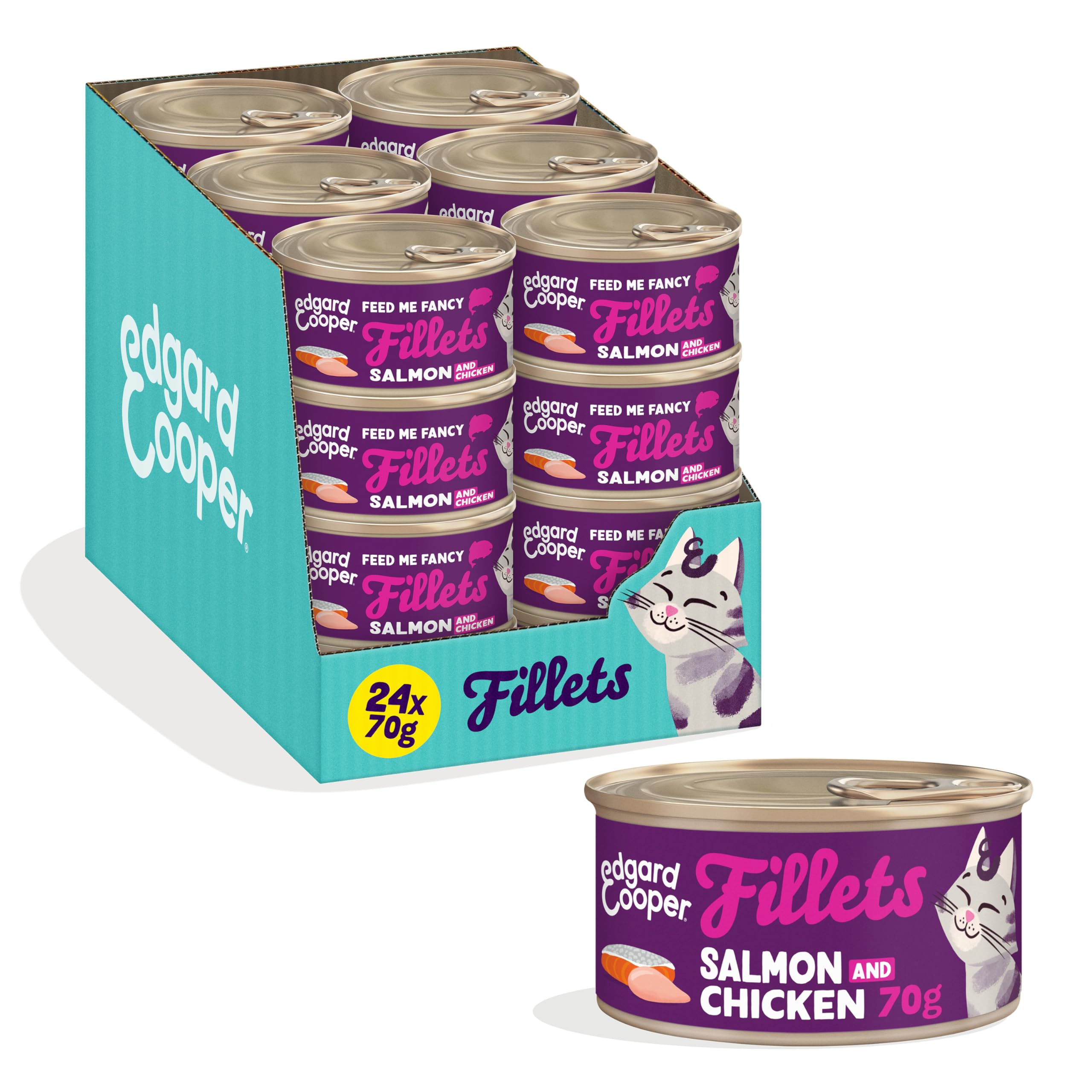 Edgard & Cooper Wet Cat Food, Fillets In Broth, 24 x 70g Salmon and Chicken, Grain-Free Cat Food, Natural Ingredients, Also For Sterilised Cats, Real Chicken & MSC Certified Fish, No Added Sugar