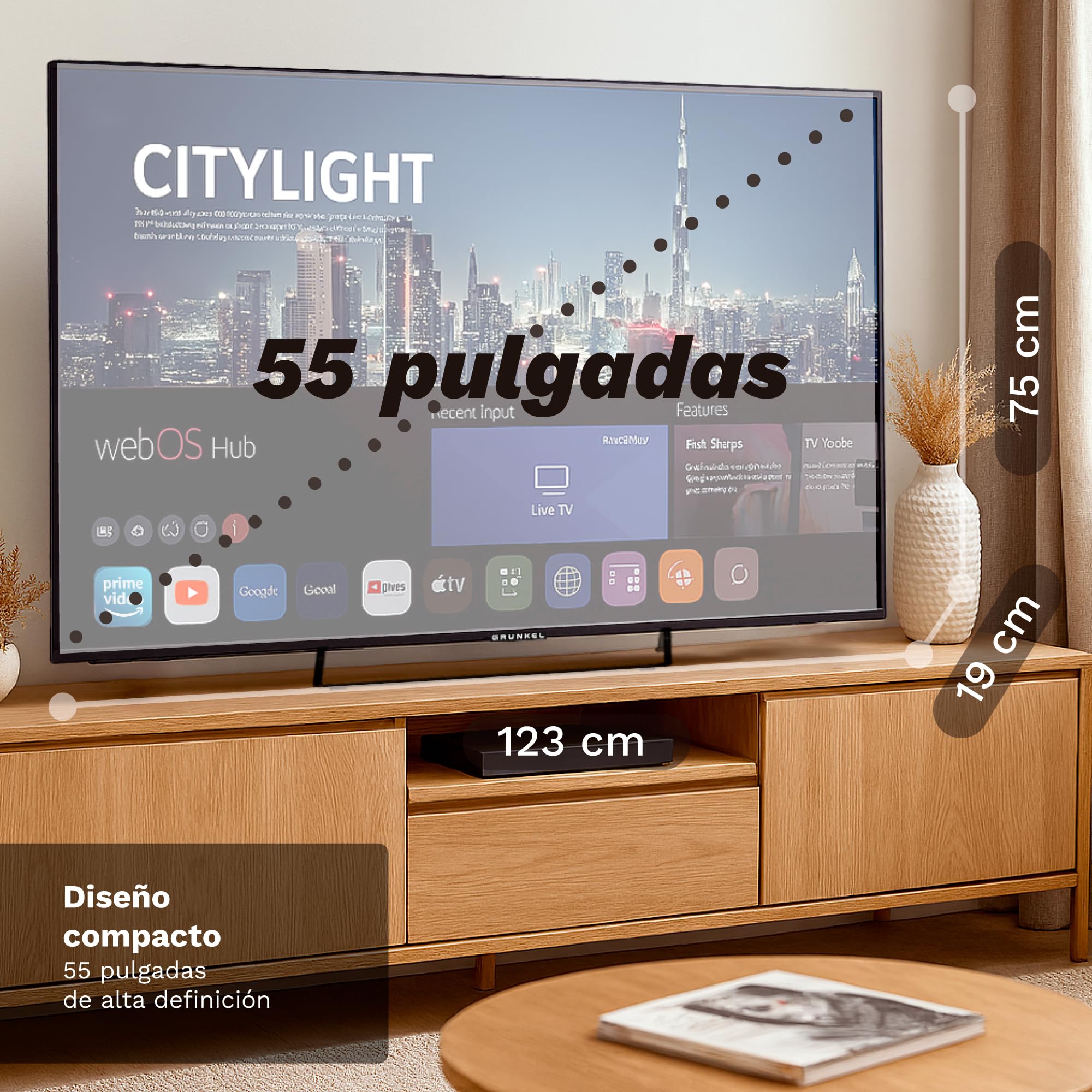 Grunkel QLED-5526WBS Smart TV QLED 55” 4K UHD | Sistema webOS | TDT T3 + Satélite S3 | WiFi Integrado | Grabador USB-PVR | 4 HDMI | Sonido 20W