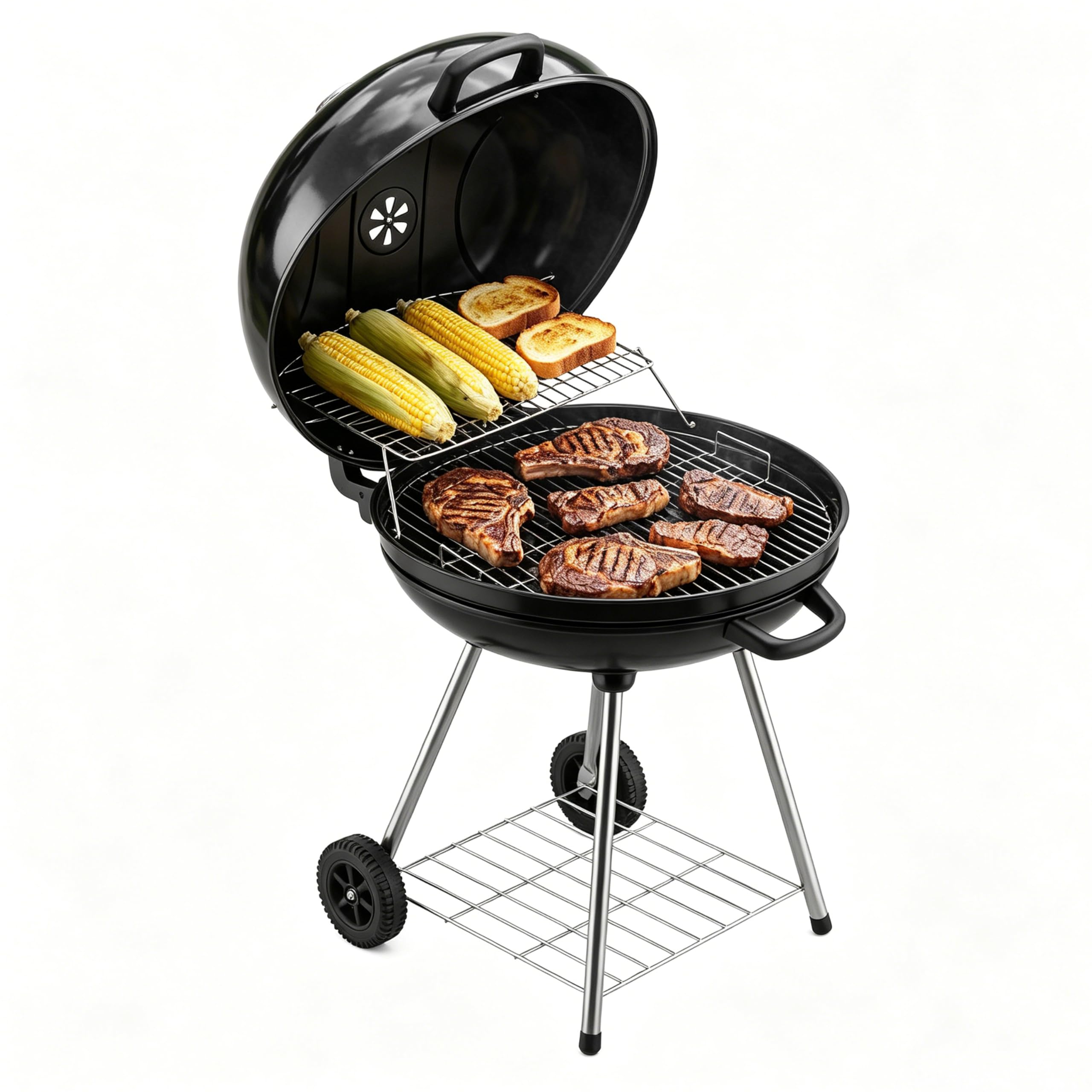 Elitzia ETBBQ01 Przenośny grill na węgiel drzewny z kółkami, czajnik, grill na zewnątrz, grill, pionowy kemping, podwórko, patio, ogród, okrągły grill na węgiel drzewny, do gotowania na świeżym
