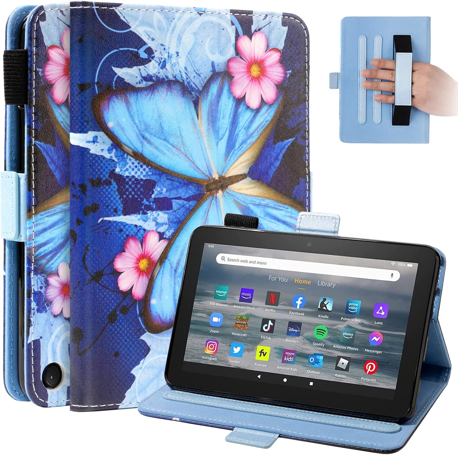 Dteck for All-New Amazon Fire 7 Tablet Case (12th Generation, 2022 Release),PU Leather Slim Folding Stand Multiple Viewing Angles Cover with Auto Wake/Sleep for Kindle Fire 7" 2022,Butterfly Flower