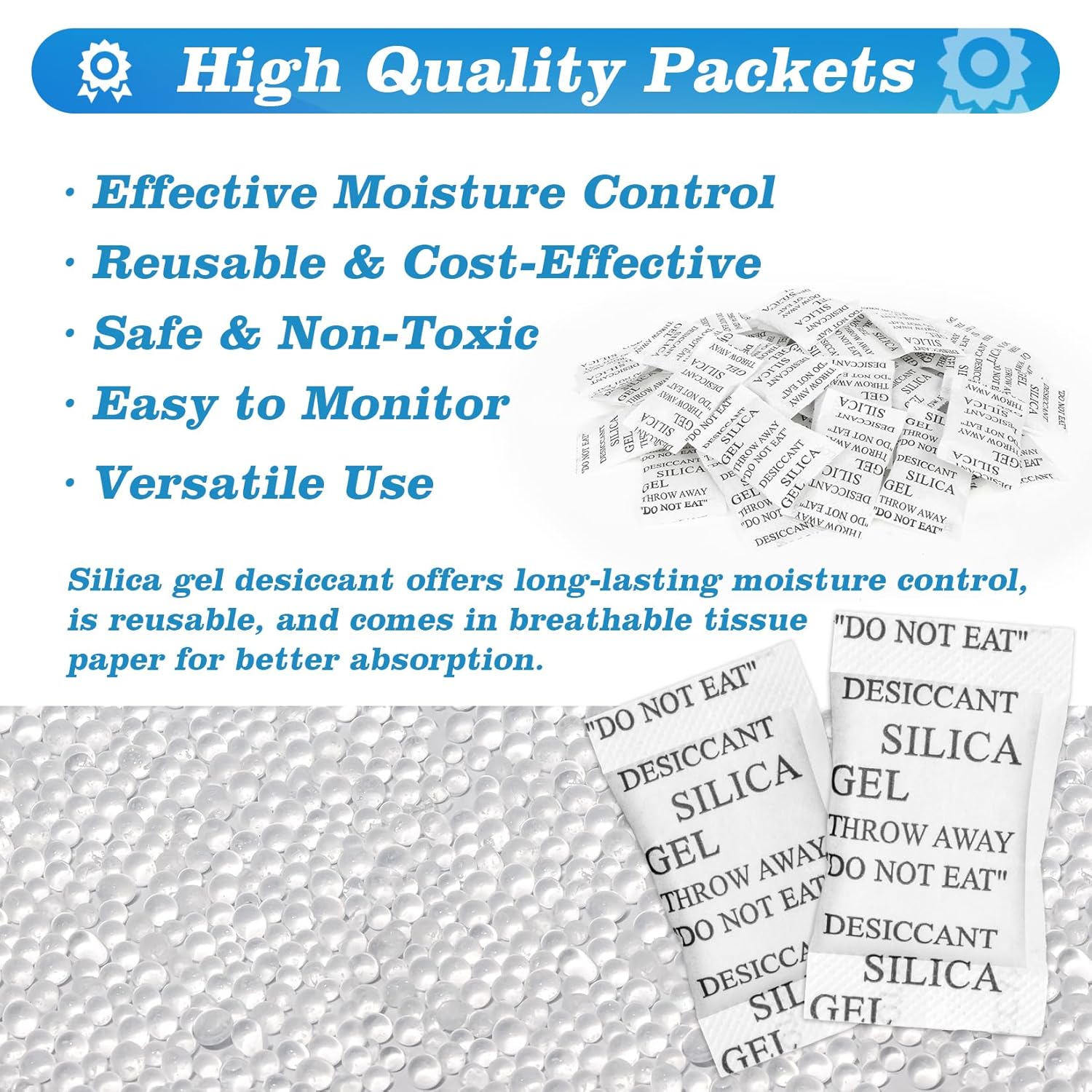 Sukh 200PCS 2Gram Desiccant Silica Gel Packets - Rechargeable Desiccant Packs,Silica Gel Desiccant Beads,Silica Packets for Storage,Moisture Absorbers for Electronics,Closet,Jewelry,Shoes,Clothes - Image 2