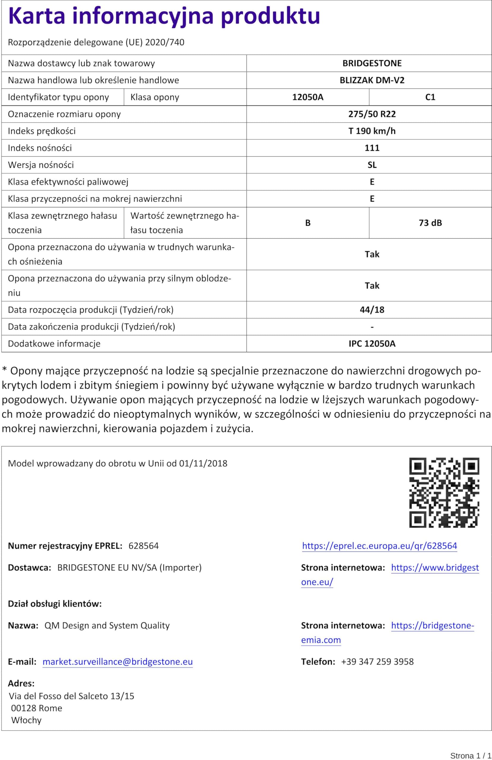Bridgestone BLIZZAK DM-V2-275/50 R22 111T - F/F/73 - Winterreifen (SUV & 4x4)