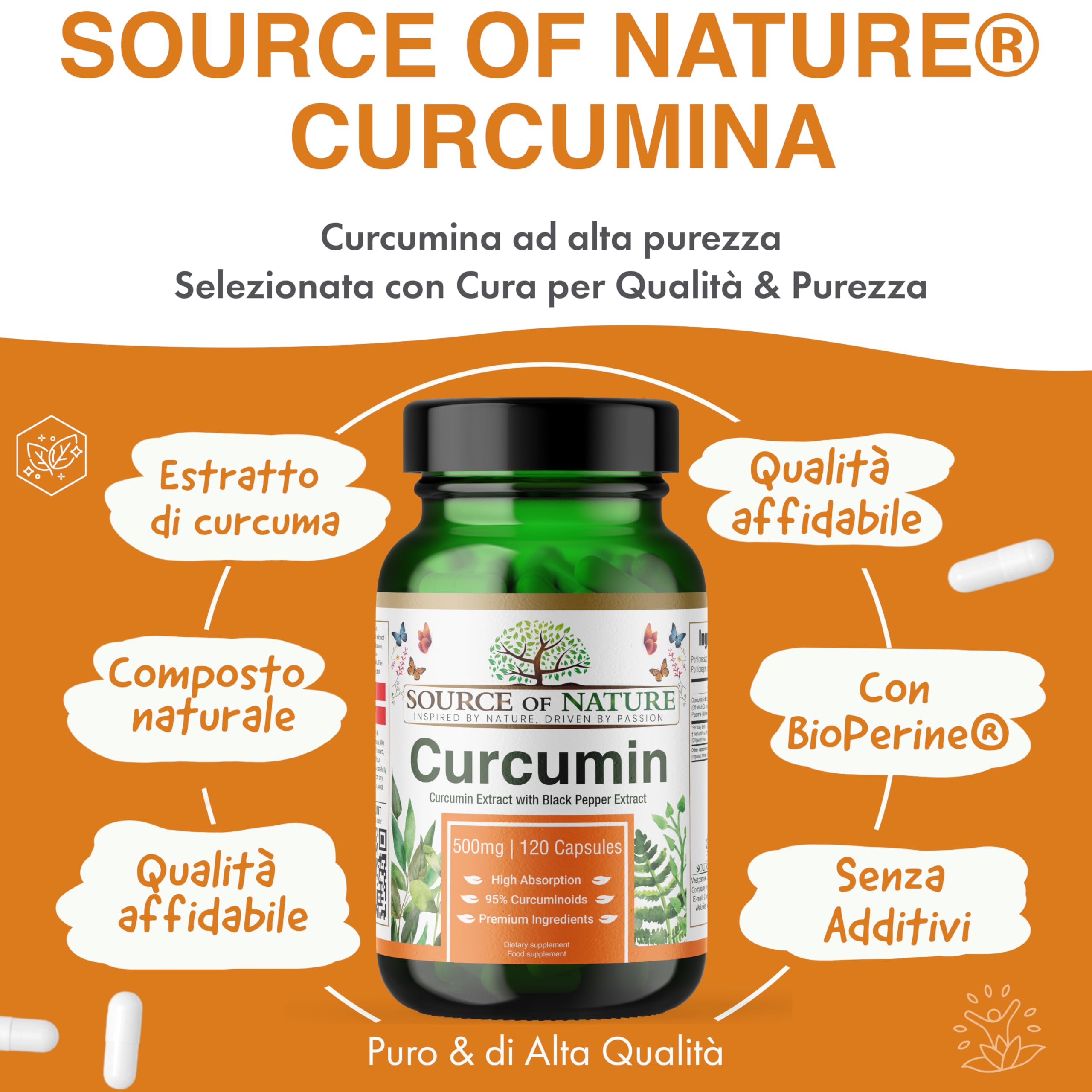 Source of Nature® | Estratto di Curcuma 500mg | 120 Capsule | +95% Curcuminoidi Puri | Prodotto nell'UE | Con BioPerine® (Estratto di Pepe Nero) per Assorbimento | Da Curcuma | Alta dose