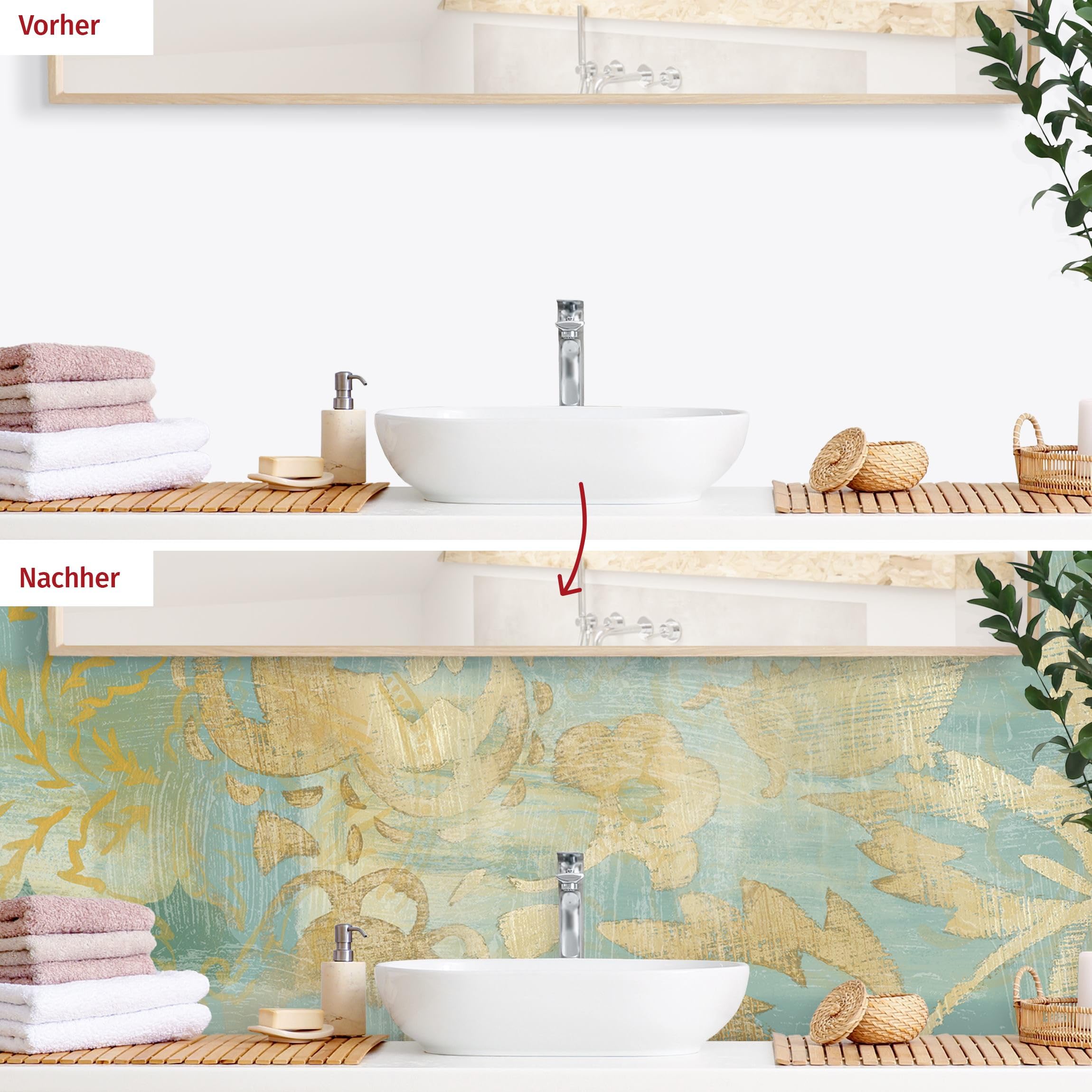 Wandverkleidung Bad selbstklebend wasserfest Muster fugenlos Wandpaneel - made in Germany - Ornament Hartfolie matt gold Badrückwand Vintage statt Fliesen 1093-P (175x50cm)
