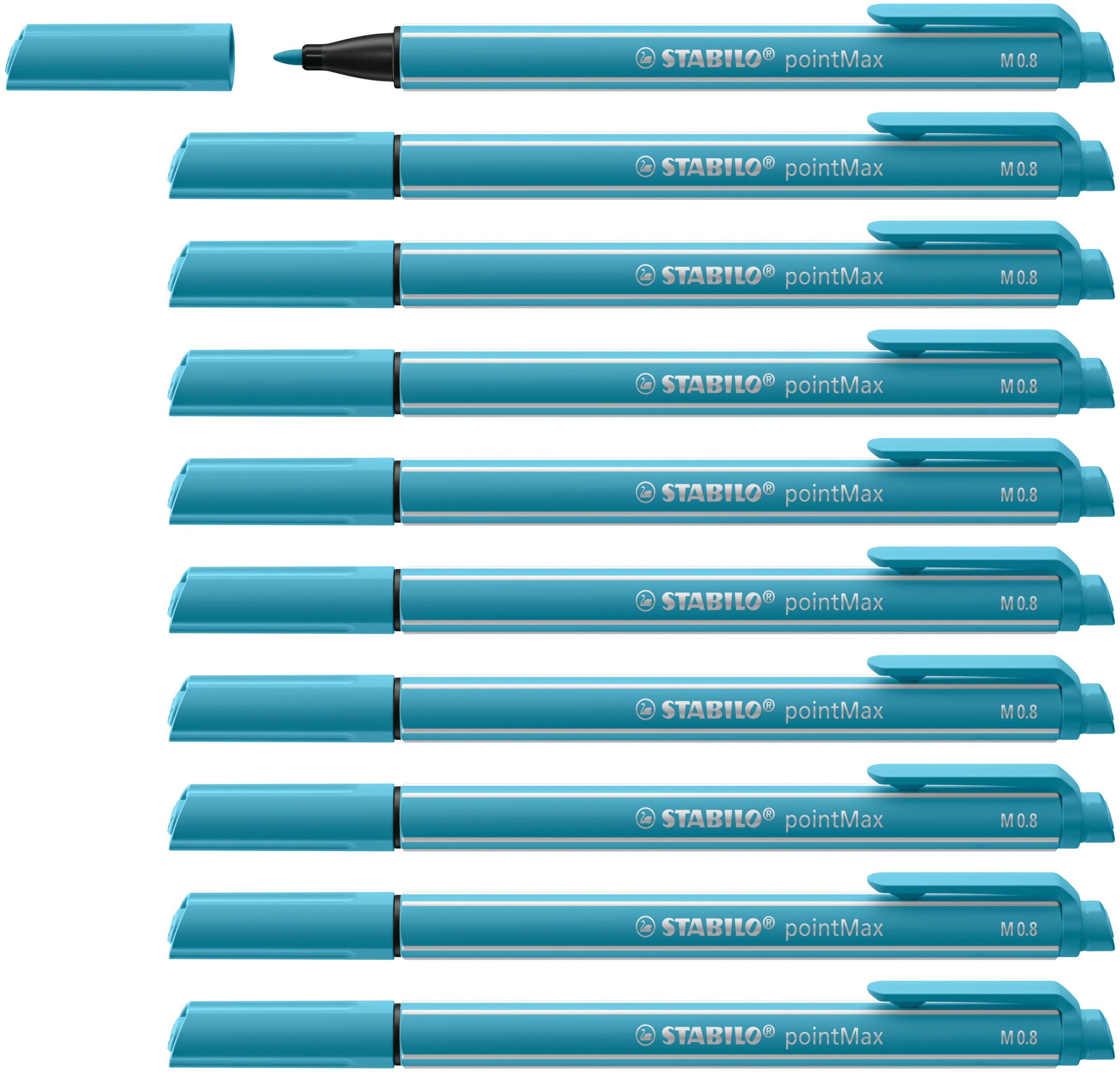 STABILO pointMax - Stylo feutre - Lot x 10 feutres d'écriture pointe moyenne 0,8 mm - Bleu azur