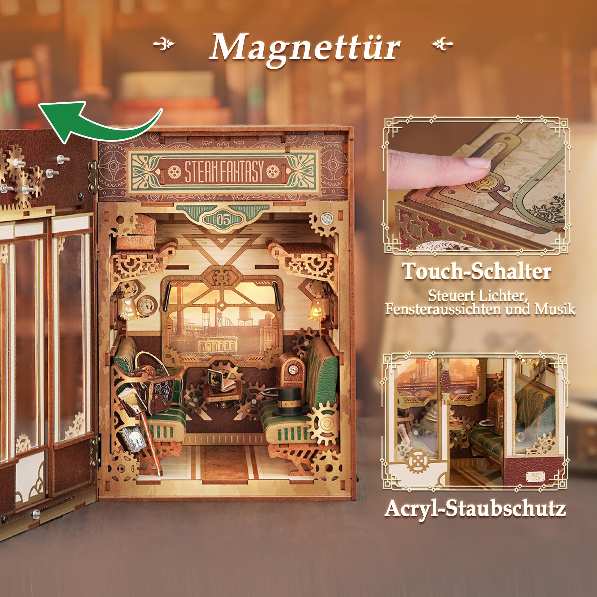 Tonecheer Book Nook Kits，Unendlichkeits-Zugabteil 3D-Puzzle, Buchstützen aus Holz Erwachsene Booknooks DIY Miniaturhaus zur Dekoration von Bibliotheken & Bücherregalen（Dampf-Fantasie）