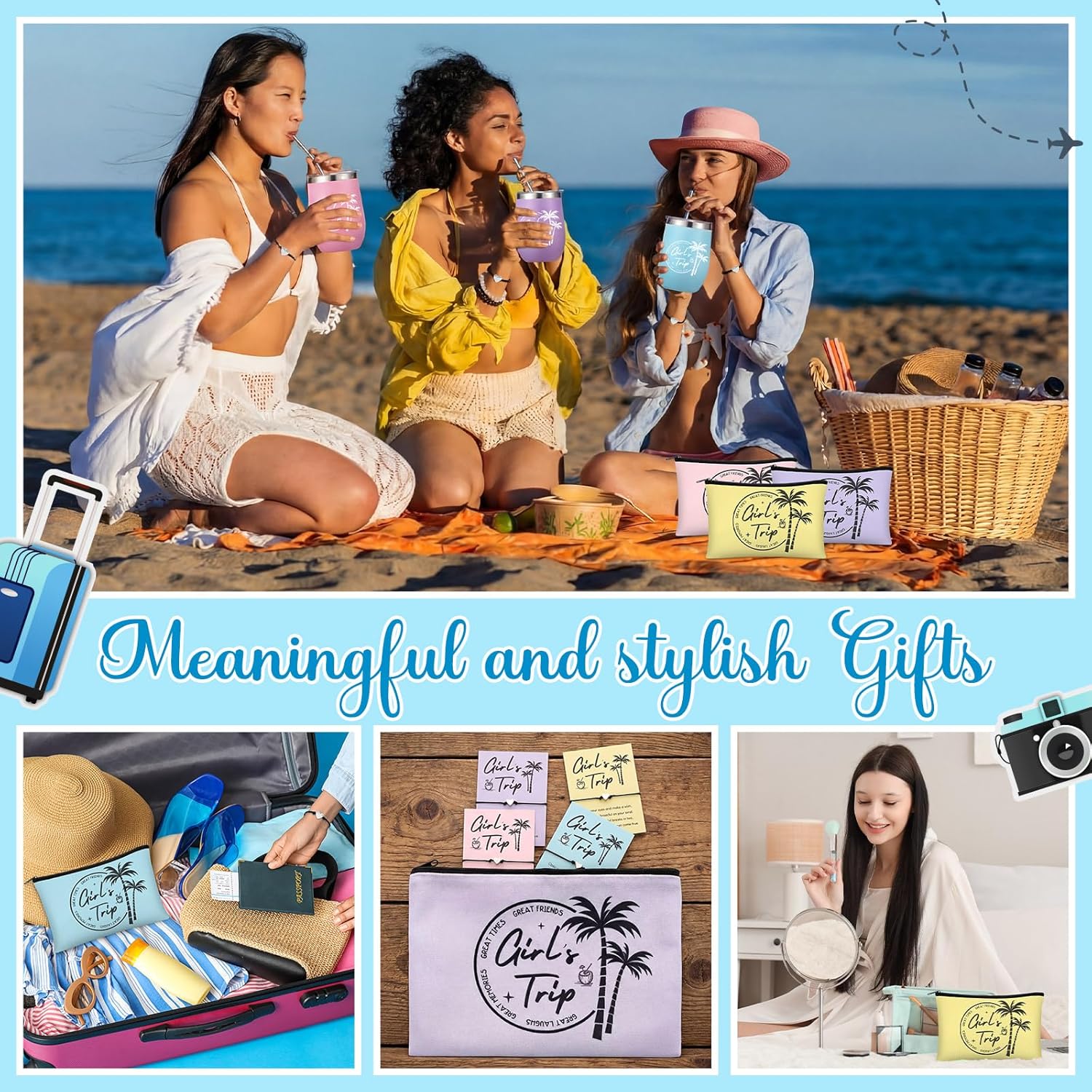 LemonRoad 12 Pcs Girls Trip Gifts Set Include Girl Trip Tumblers Makeup Bags Heart-shaped Bracelets and Cards for Girls Weekend Sisters Bestie Bachelorette Travel Vacation Party Favors