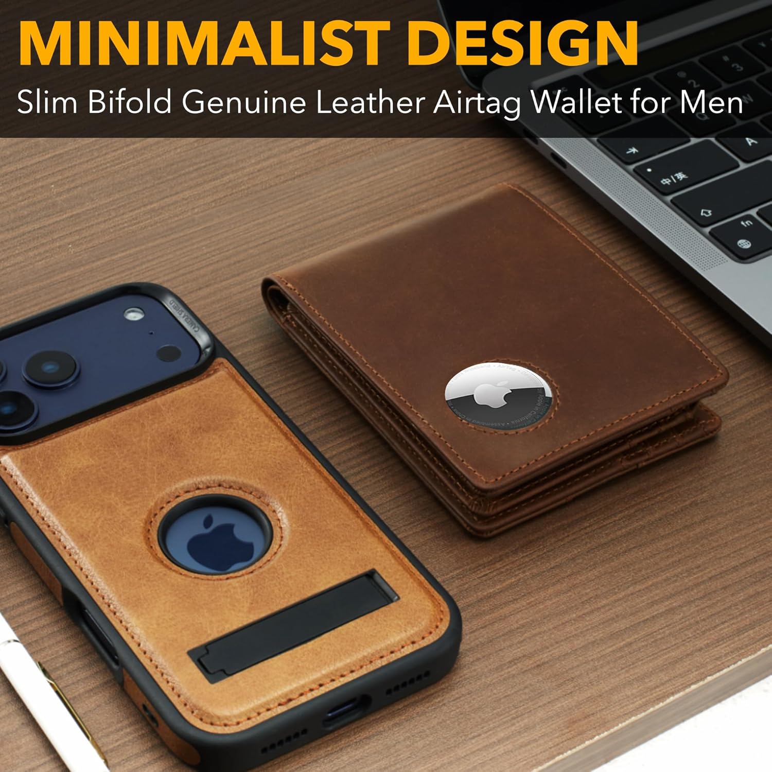 AirTag Wallet for Men – Full Grain Leather Bifold with AirTag Holder, 2 ID Windows, 12 Card Slots, RFID Blocking Slim Wallet, Gift Box (Distress Brown) - Image 4