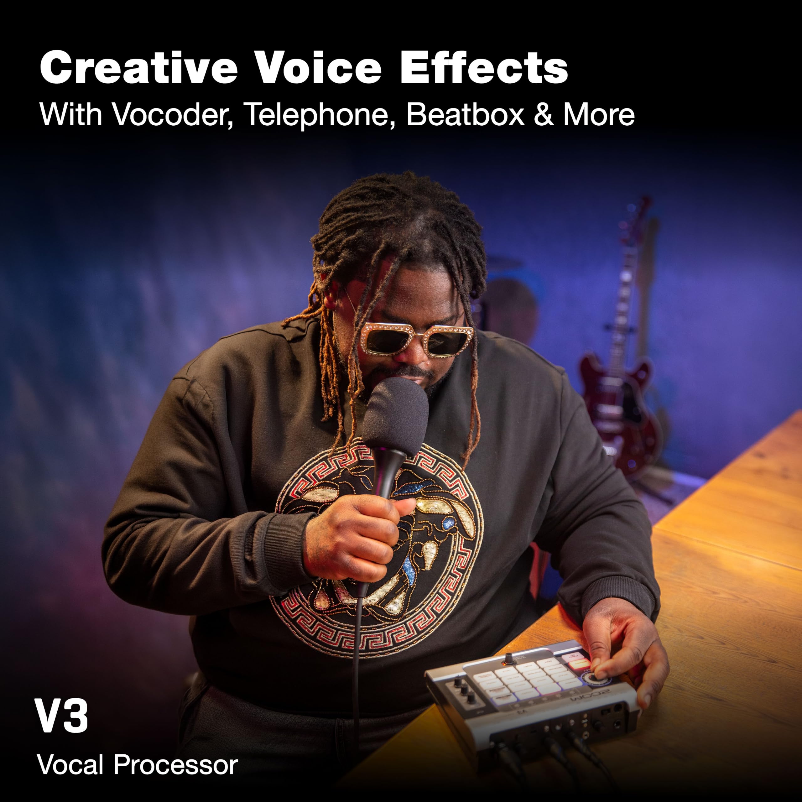 Zoom Procesador vocal V3, pedal de efectos vocales, armonía de 3 partes, corrección de tono, 16 efectos de grado de estudio, funciona con pilas, para transmisión y grabación