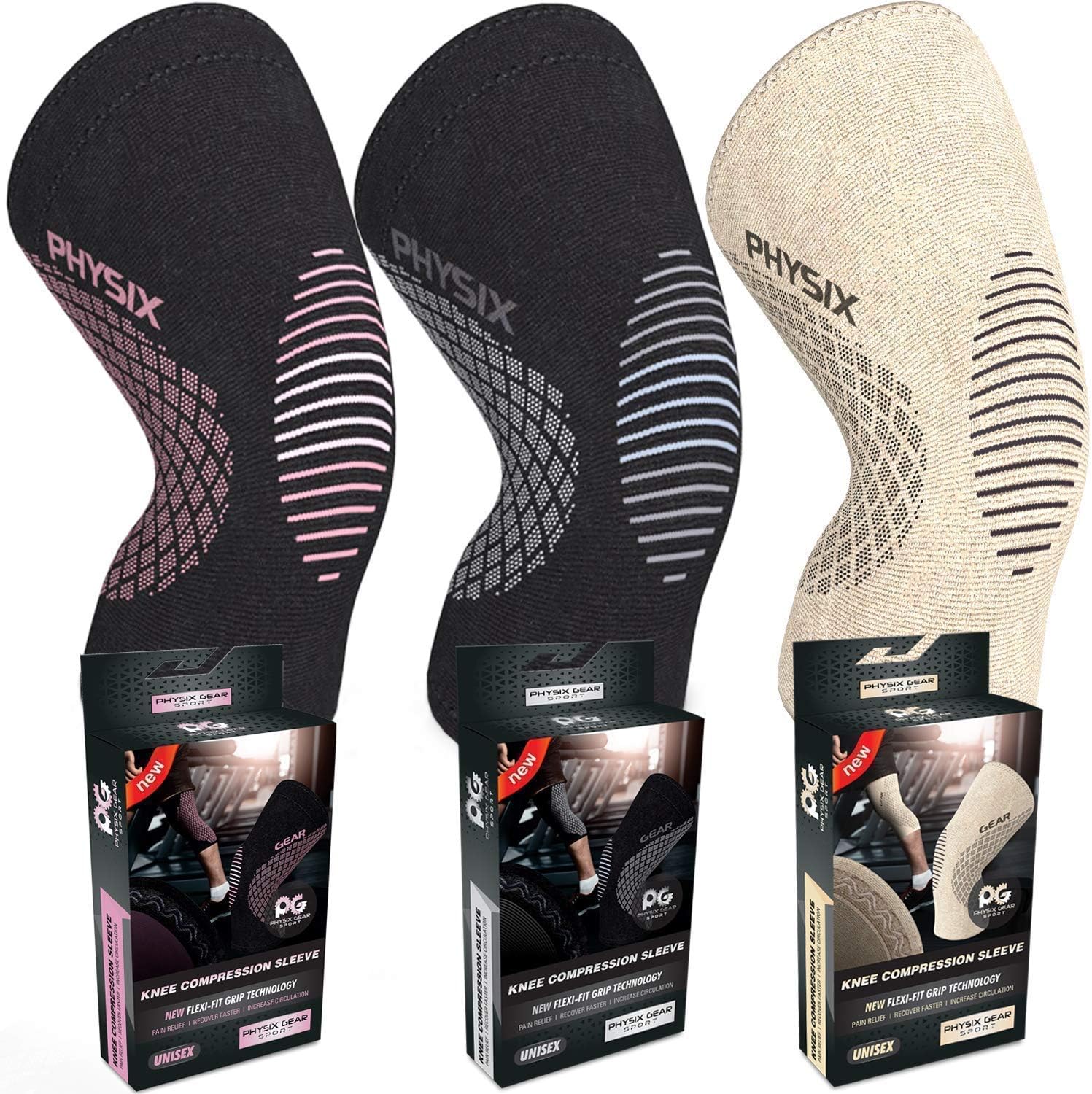 Physix Gear 3 Packs of Knee Support Brace Compression Sleeve in (Grey + Pink + Beige) XXL size