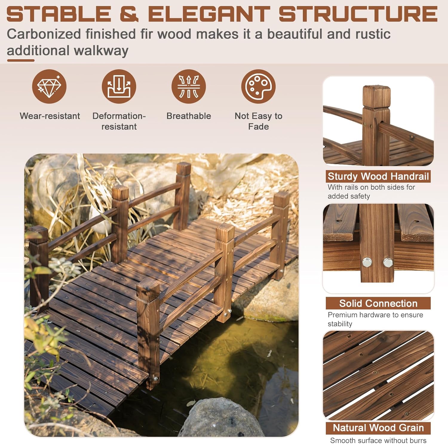 HOMEDIARY 5 FT Fir Wood Garden Bridge, Outdoor Stained Wood Arc Footbridge Walkway with Double Safety Railings, 550 lbs Capacity,Decorative Pond Bridge for Backyard Farm Garden Creek Pond Decor, Brown