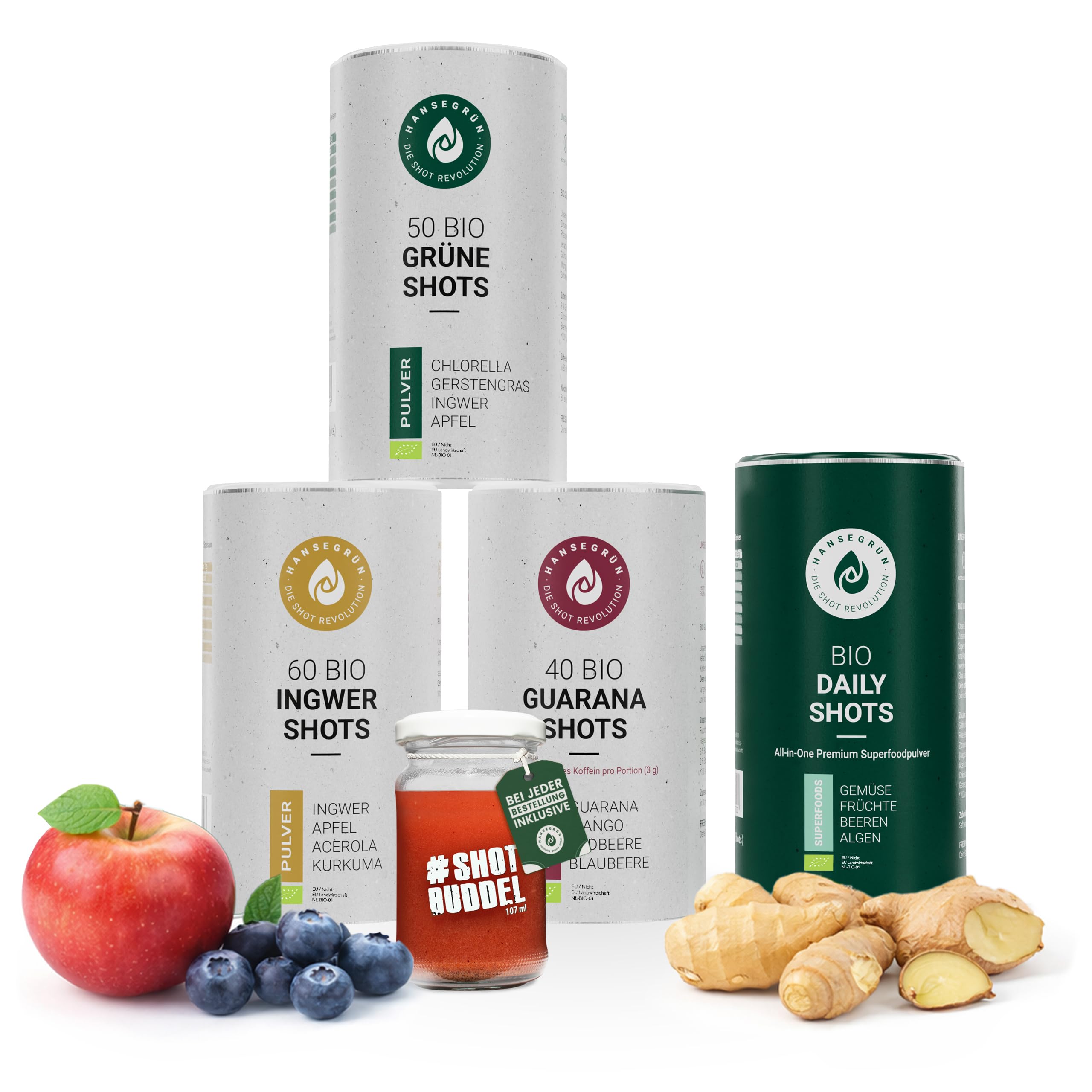 Mittleres Routineset - Ingwer Shots (60 Stk.), Grüne Shots (50 Stk.), Guarana Shots (40 Stk.), Daily Shot (120 Stk.) - Immunsystem¹, Darmfunktion², & Anti-Müdigkeit⁴ - 100% echte Zutaten