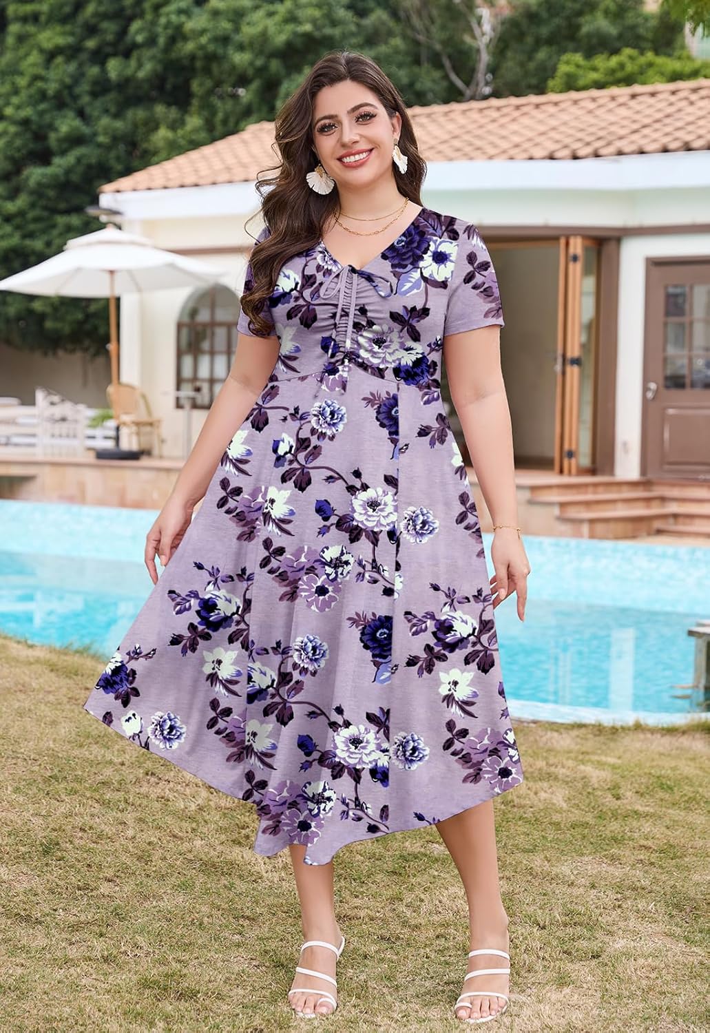 Keluummi Plus Size Summer Maxi Dress for Curvy Women, Soft Stretchy Casual Floral V-Neck Short Sleeve Sundress with Pockets