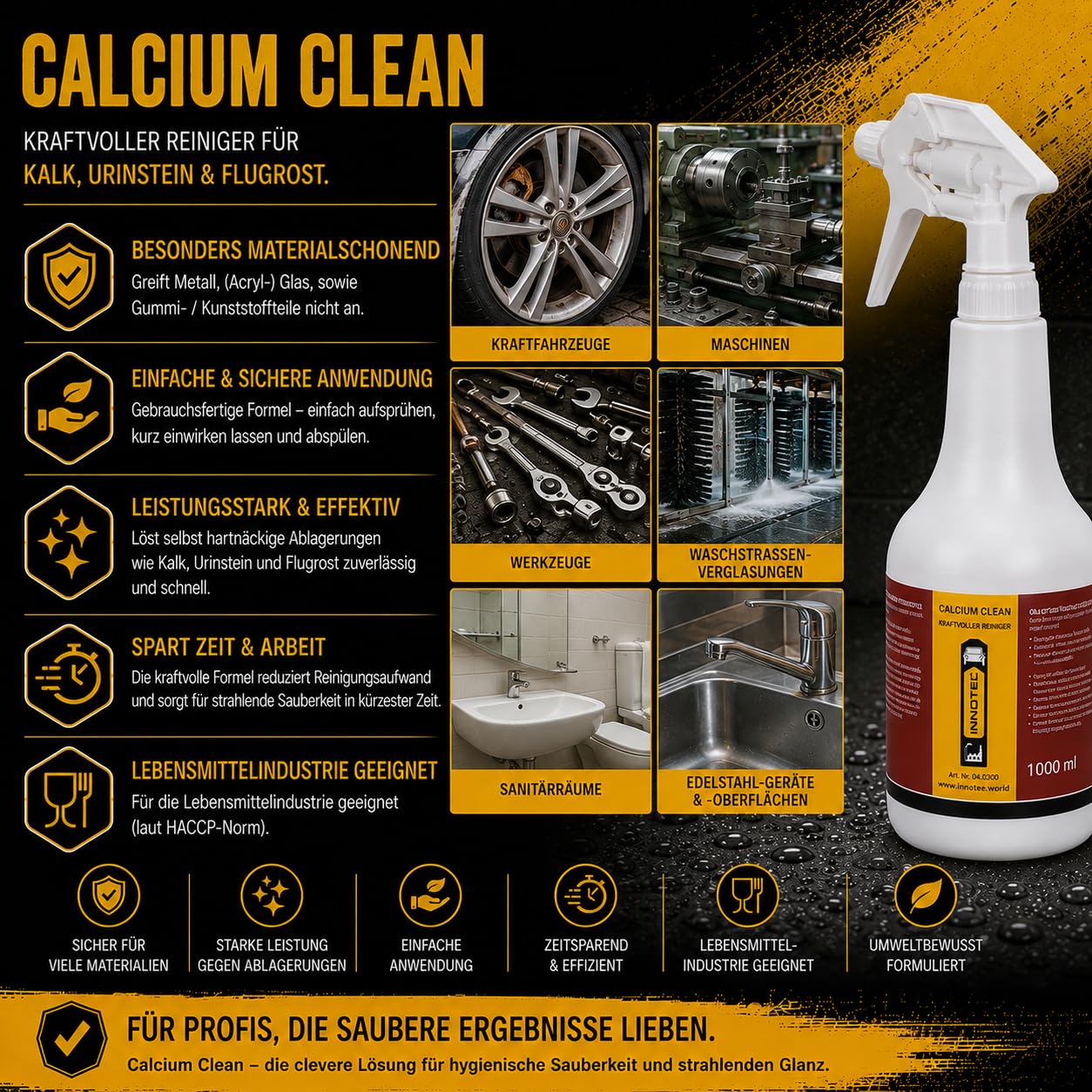 4 Stück Innotec Calcium Clean Kalk-/Flugrostentferner Kalklöser Kalkreiniger Entkalker Rostlöser - entfernt Flugrost, Urinstein, Kalk, Putz- und Zementschlieren - Lebensmitteltauglich -1L Sprühflasche