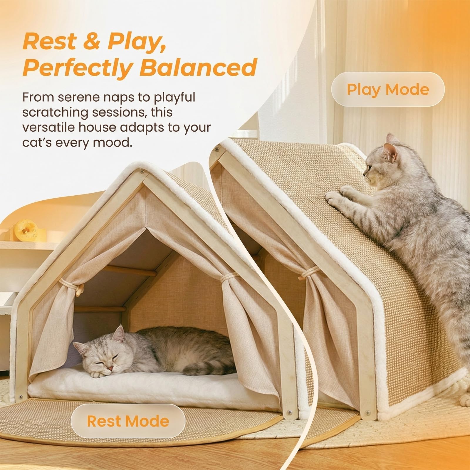 Cuccia Gatto Interno Chiuso, Casetta per Gatti in Legno con Sisal, Tenda Morbida per Gatti Timidi, 2 in 1 con Cuscino, 50x40x40cm