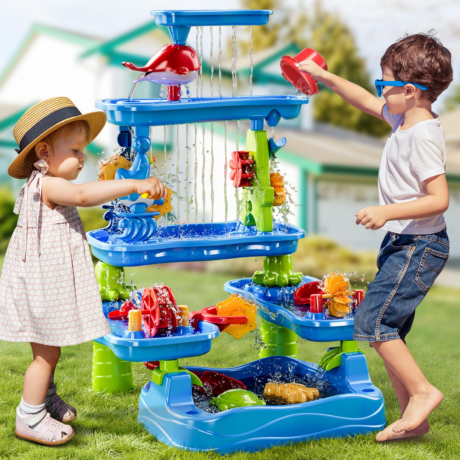 5-stufiger Sand- und Wassertisch, Outdoor Sensorik Spielset für Kinder, Sommer Strandspielzeug für Kleinkinder 2-3 4-8 Jahre, Wassertisch mit Zubehör für Jungen Mädchen