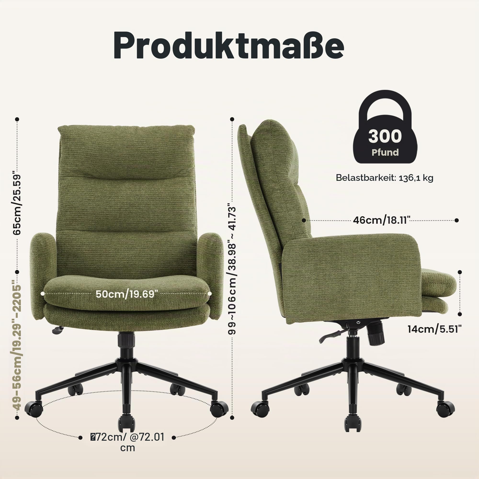 IWMH Schreibtischstuhl mit Hoher Rückenlehne,Bürostuhl Ergonomisch aus Kaschmir, Schminktisch Stuhl mit Armlehne, Drehstuhl Höhenverstellbarer Buero Wohnzimmer (Grün)