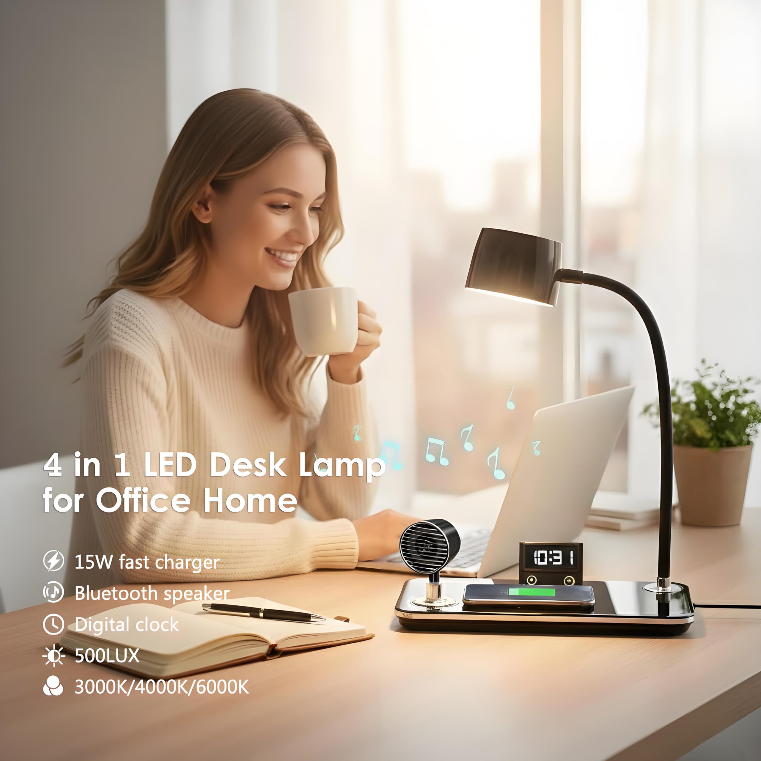 Lampada da Scrivania LED con Ricarica Wireless 15W, 500 LUX | Lampada da Tavolo Ufficio, Cassa Bluetooth e Sveglia, Braccio Flessibile, USB per Studio, Lettura, lavoro, Nero