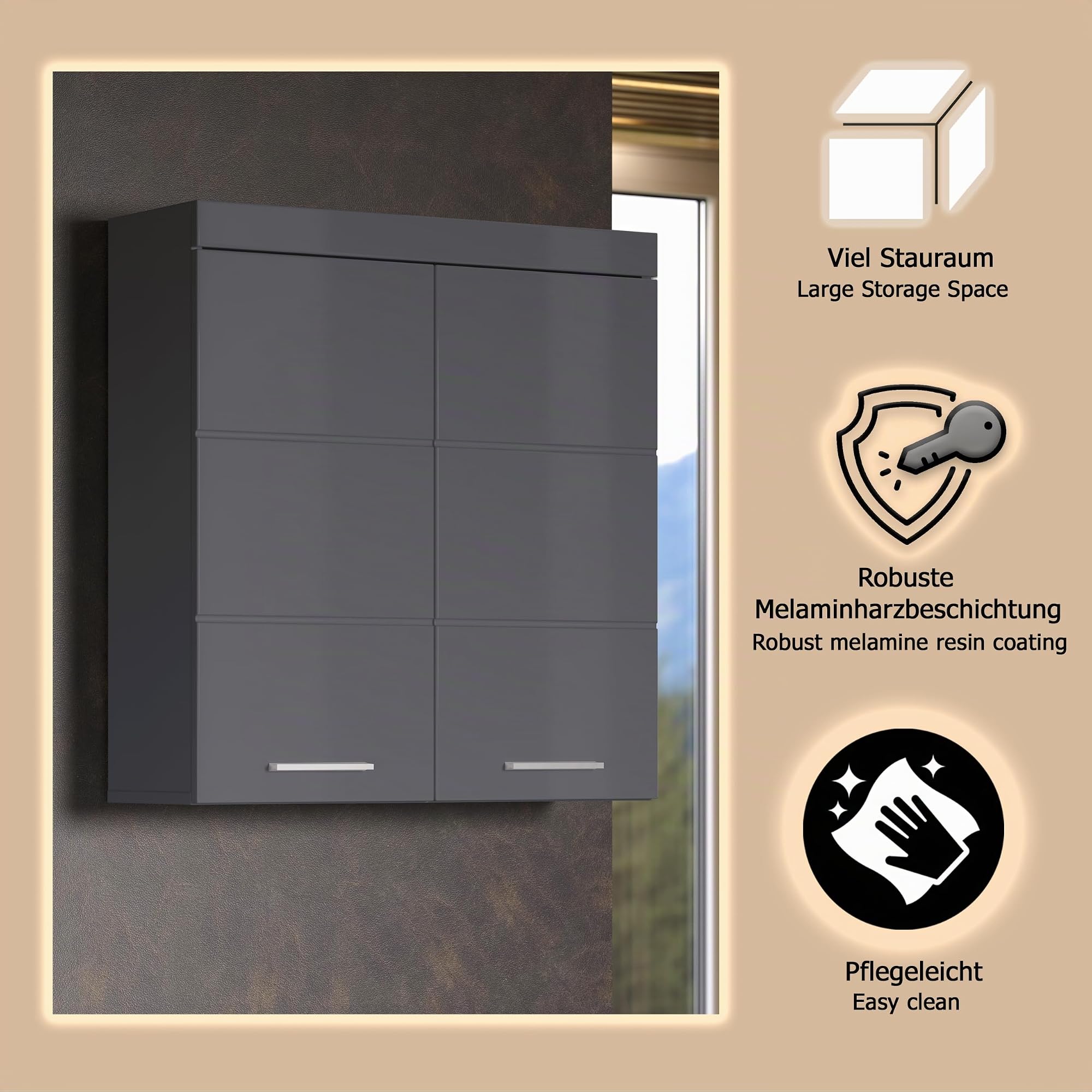 trendteam smart living - Amanda - Hängeschrank breit - Agave Grau Hochglanz - 2 Einlegeböden - (BxHxT) 73 x 77 x 23 cm - Kratzfest